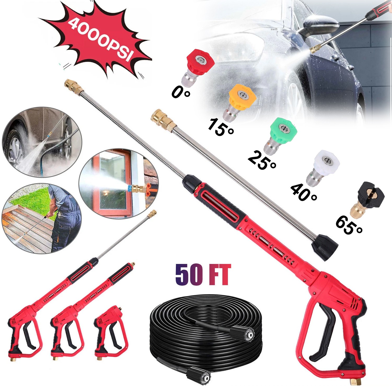 4000PSI High Pressure Power Washer Spray Gun Wand Lance Nozzle Tips Hose Kit M22