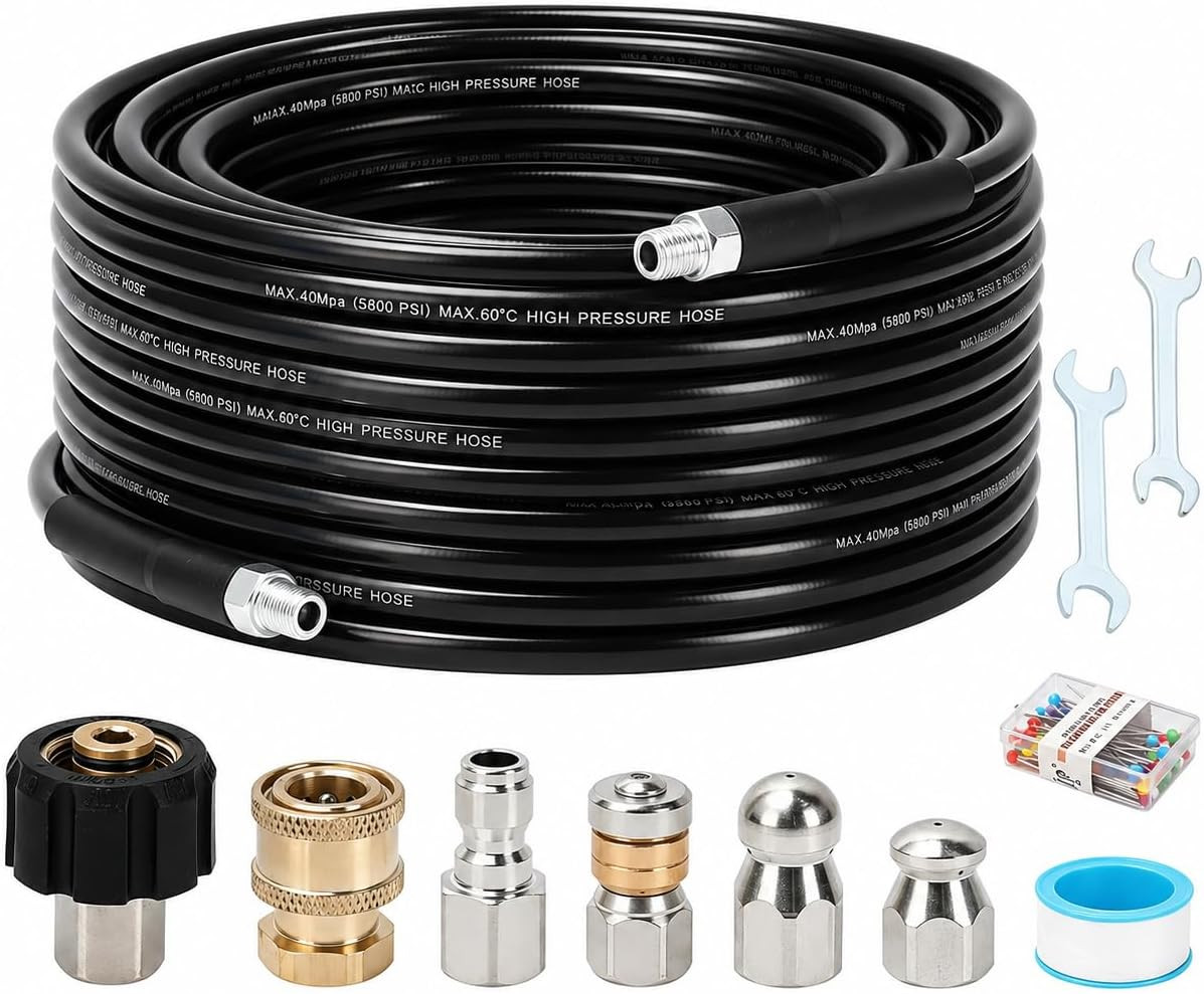 Sewer Jetter Kit for Pressure Washer, 50FT Drain Cleaning Hose with Corner Rotat