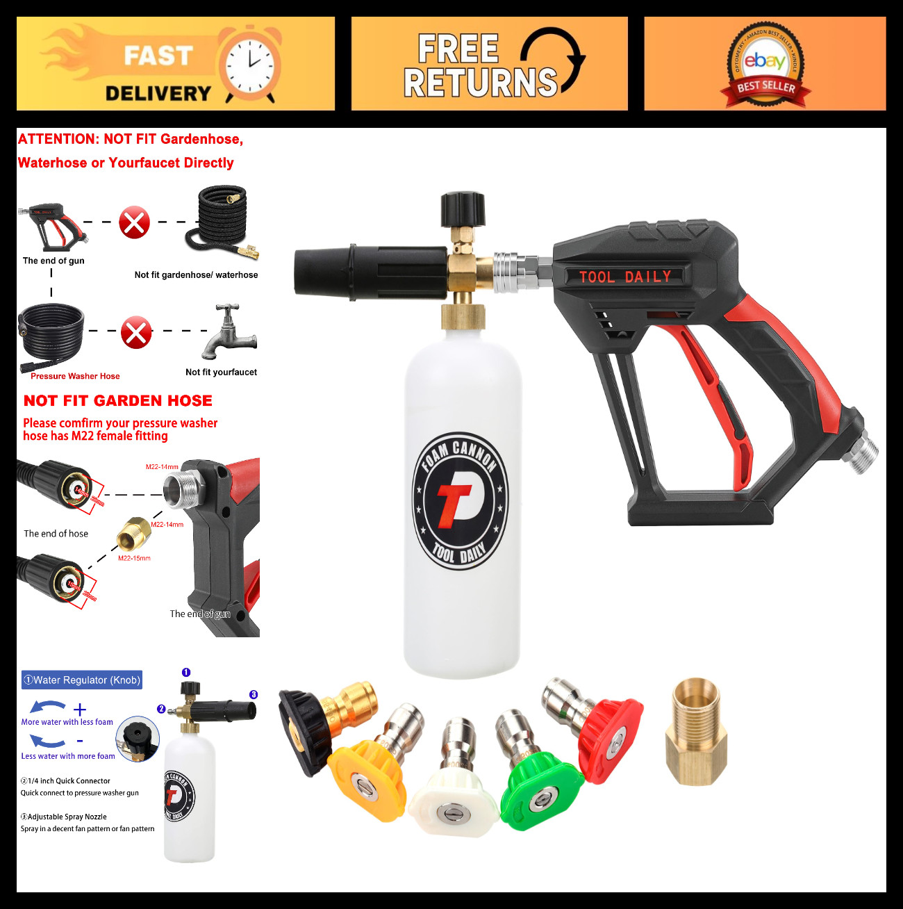 Short Pressure Washer Gun with Foam Cannon, 1/4″ Quick Connector & 5 Nozzle Tips