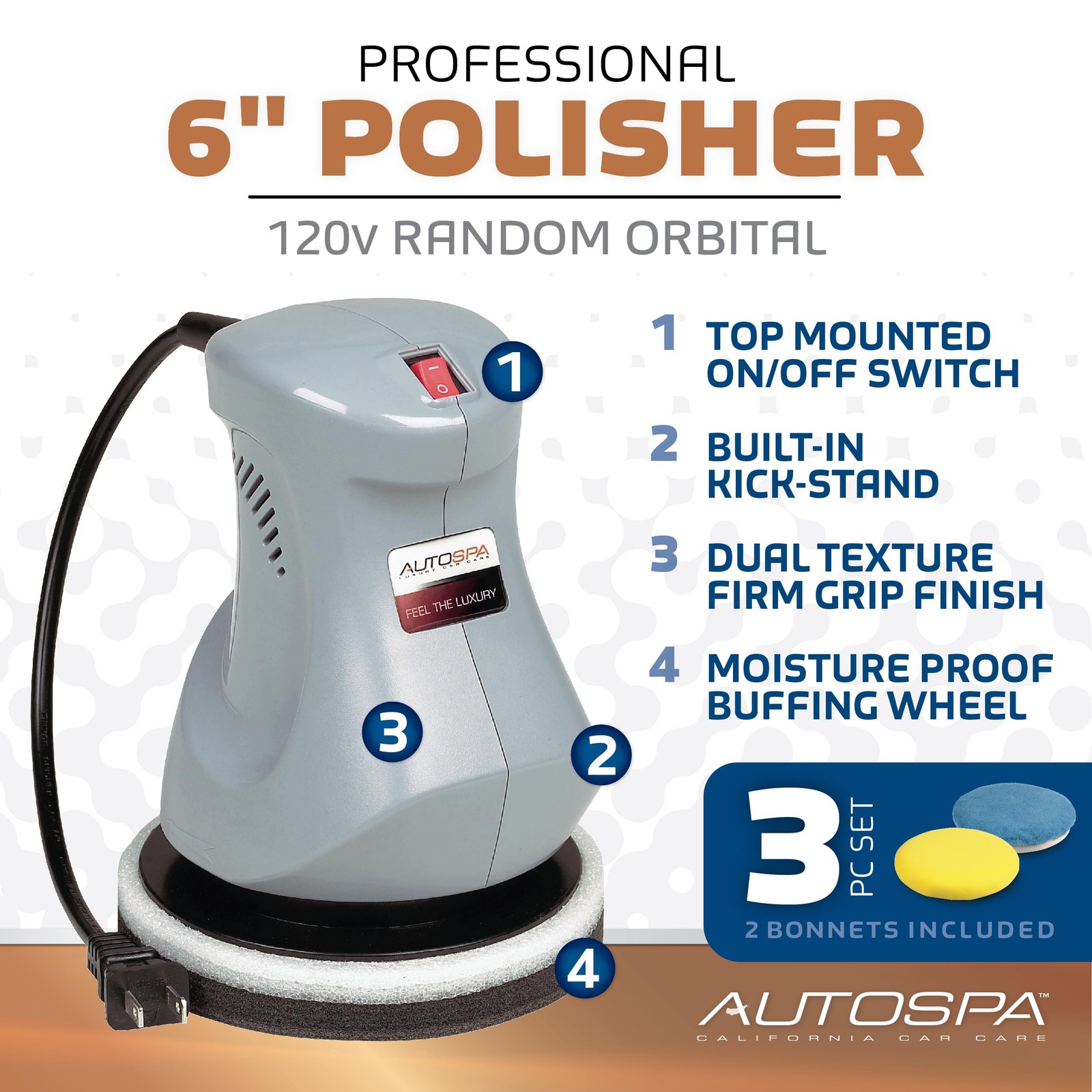 AutoSpa 94000AS Random Orbital 6″ 120V Automotive Polisher with 2 6″, Black