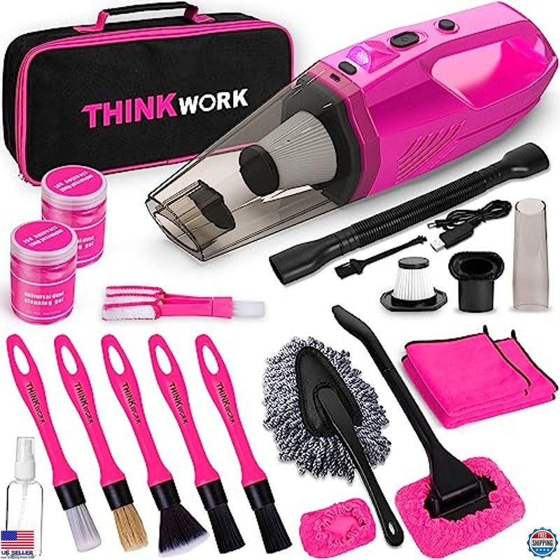 Car Detailing Kit with Cordless Vacuum, Interior Cleaner & Brushes, Pink