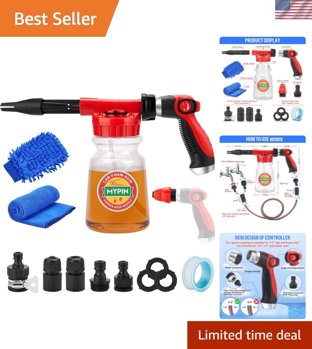 16-in-1 Car Wash Foam Gun & Garden Sprayer with Adjustable Pressure 2.5-6 Bars
