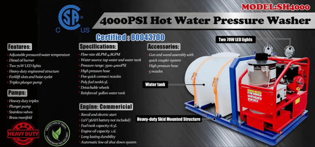 Greatbear Industrial 4000PSI Hot Water Pressure Washer with 436 Gal Water Tank