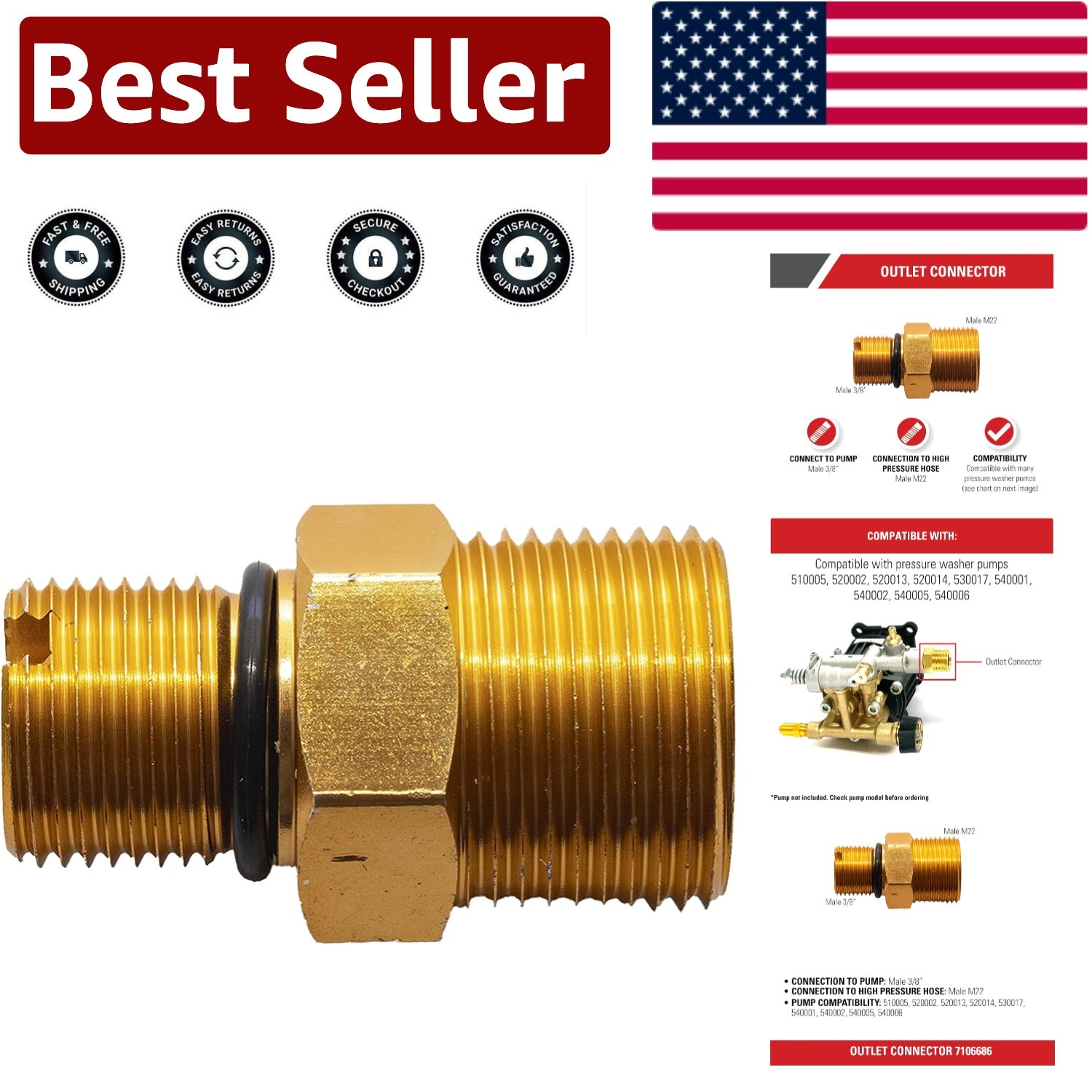 Versatile Pressure Washer Outlet Connector for Gas Pumps – 1.6inch Gold