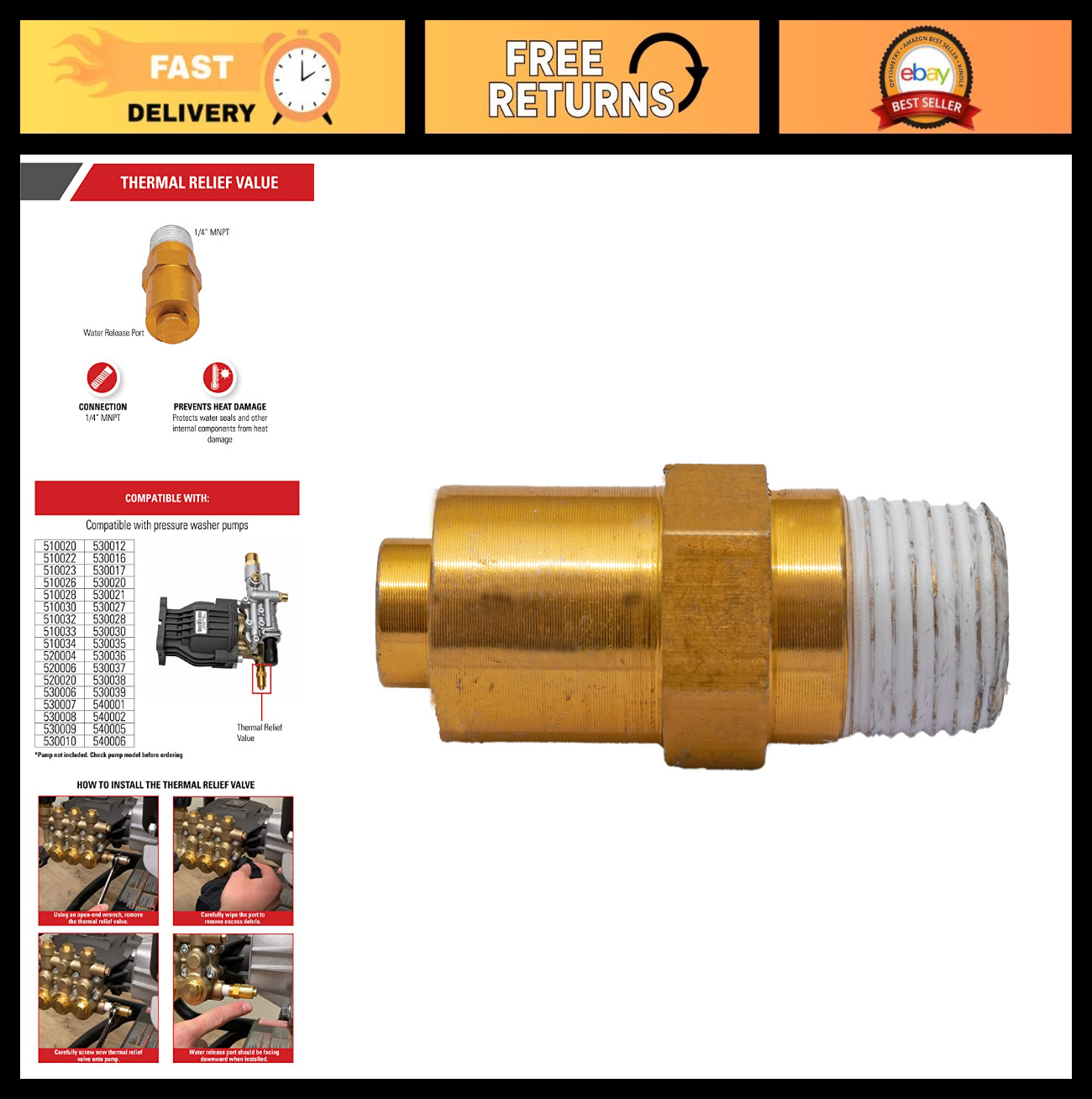 Thermal Relief Valve for Gas Pressure Washer Pumps – Durable Gold Replacement Pa