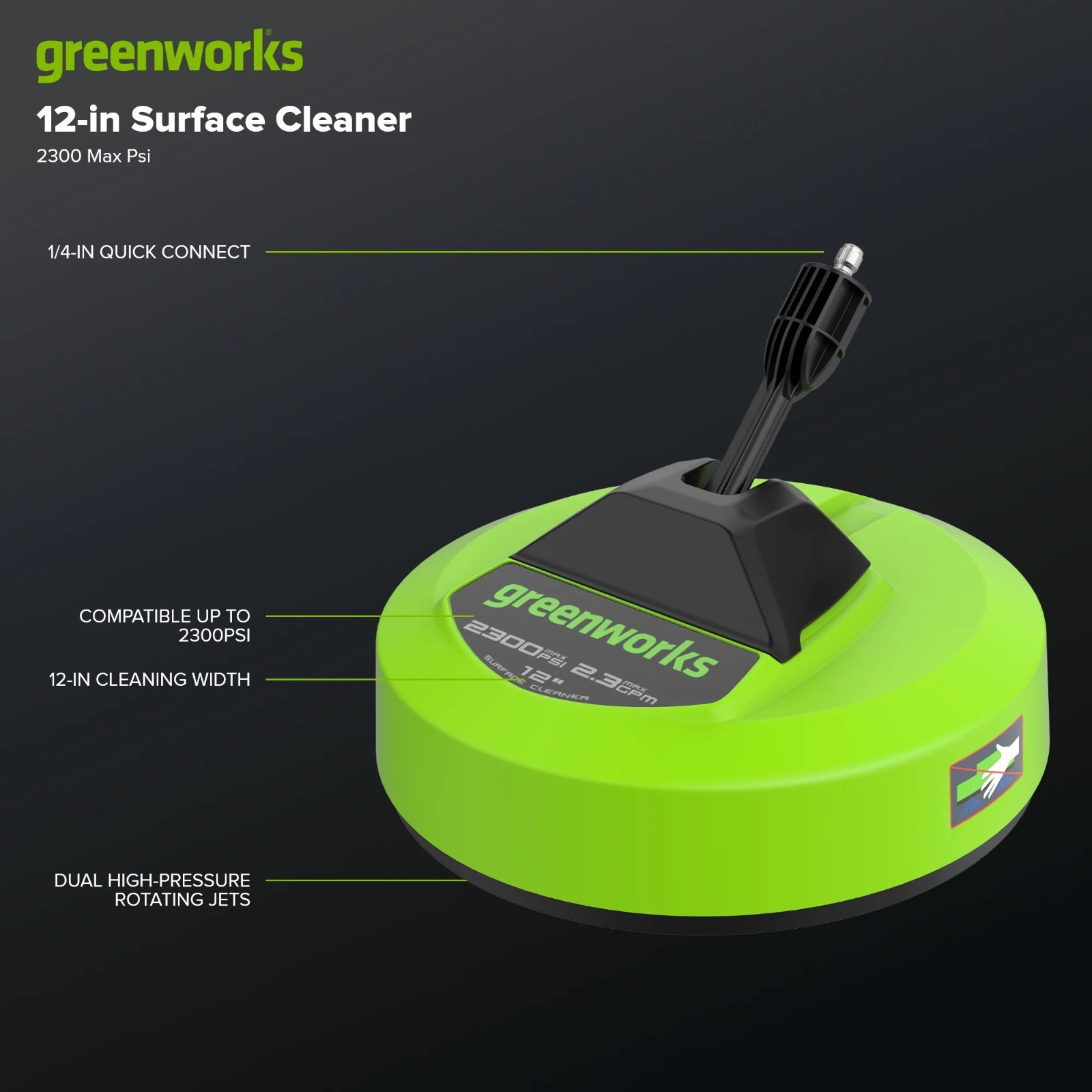 Greenworks 12inch Rotating Surface Cleaner Compatible Up to 2300 PSI