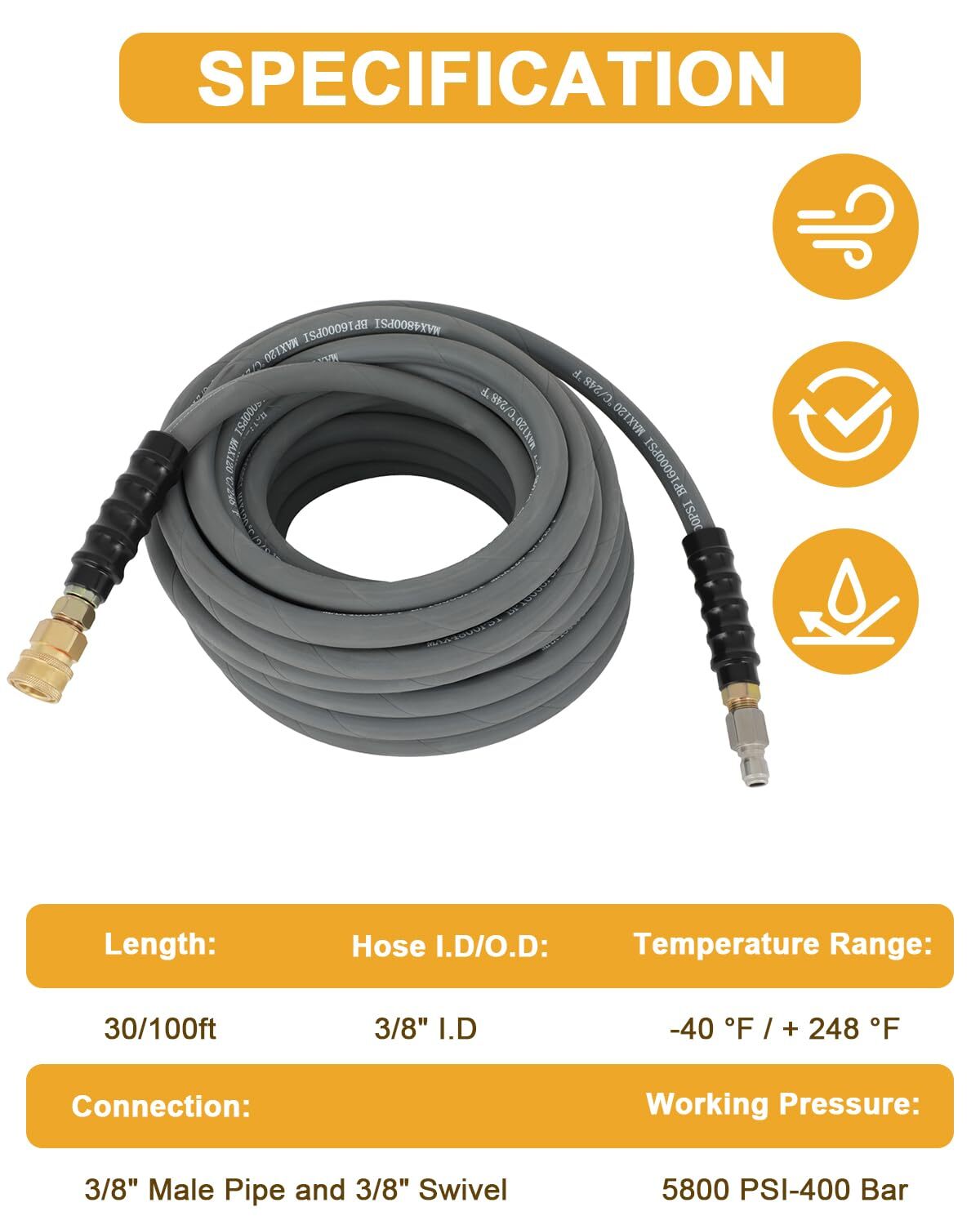 Cold or Hot Pressure Washer Hose 3/8″ w/Quick Connects 100Ft 4000psi