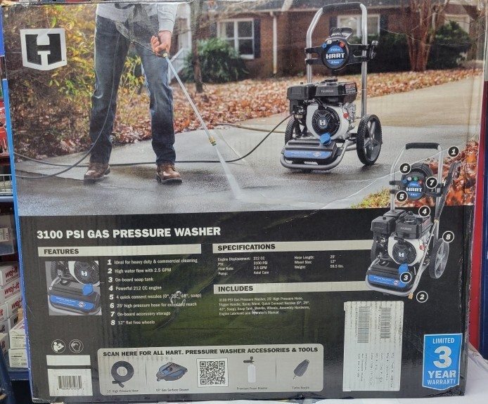 Hart #HW80544, 3100 PSI 2.5 GPM 212cc 4-Cycle OHV Gas Powered Cold Water Pressur