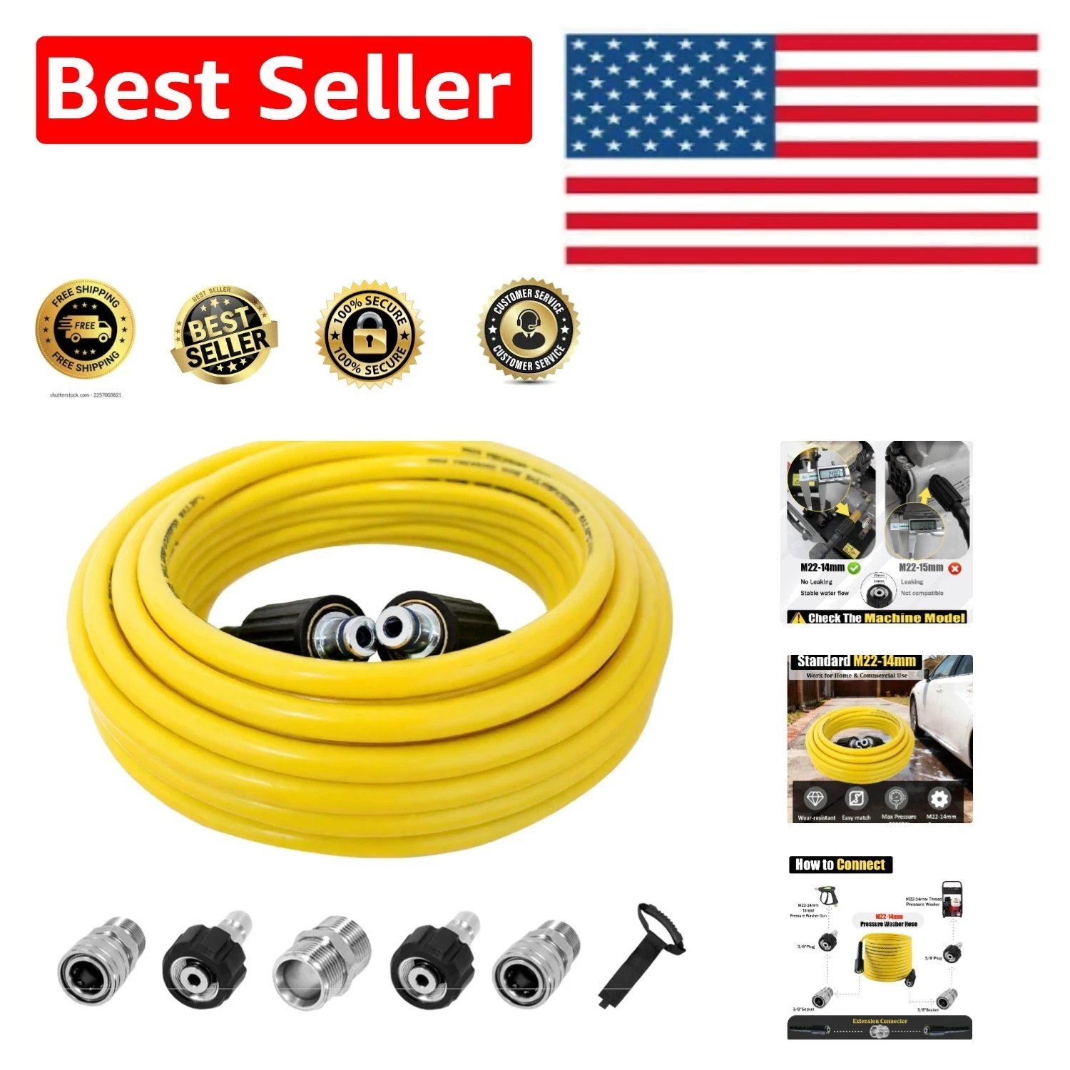 50FT Yellow Pressure Washer Hose – 4200 PSI with Quick-Connect Fittings
