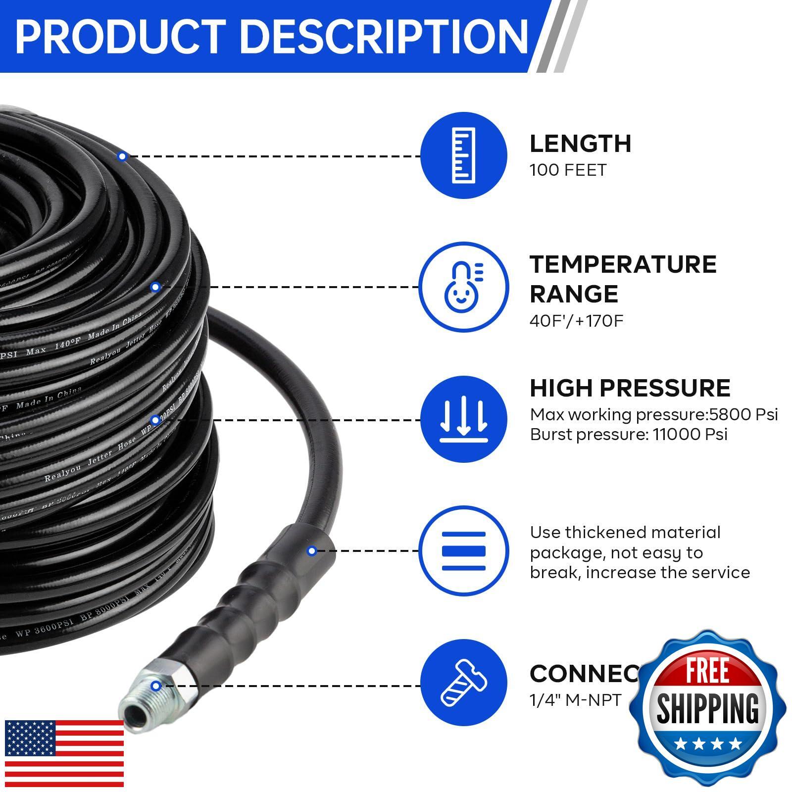 Sewer Jetter Kit 100FT for Pressure Washer, Pressure Washer Drain Jetter with