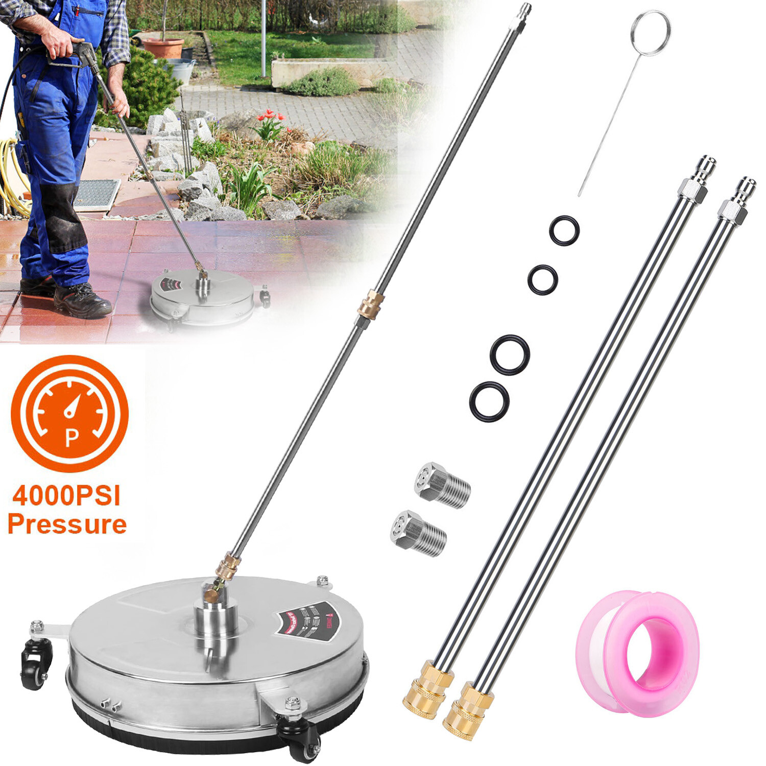 15″ Pressure Washer Surface Cleaner Stainless Steel Disc Power Washer 4000PSI
