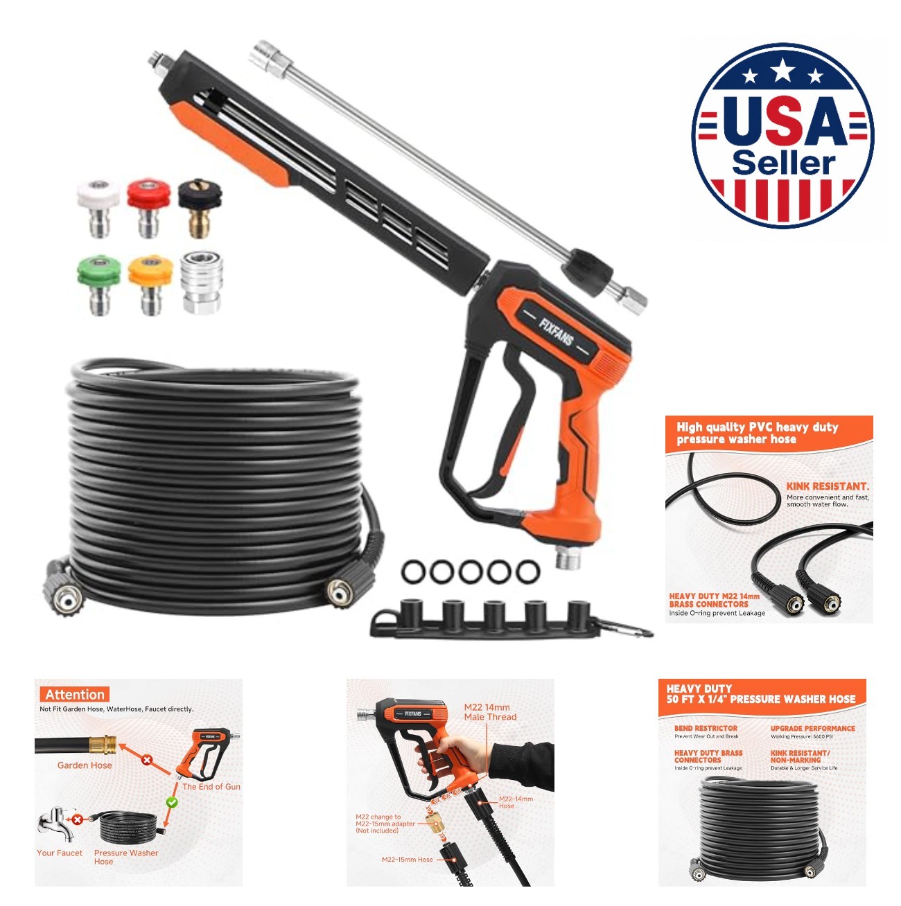 Pressure Washer Gun and Hose Kit 50 FT 3600 PSI M22 Fitting with Wand Extension