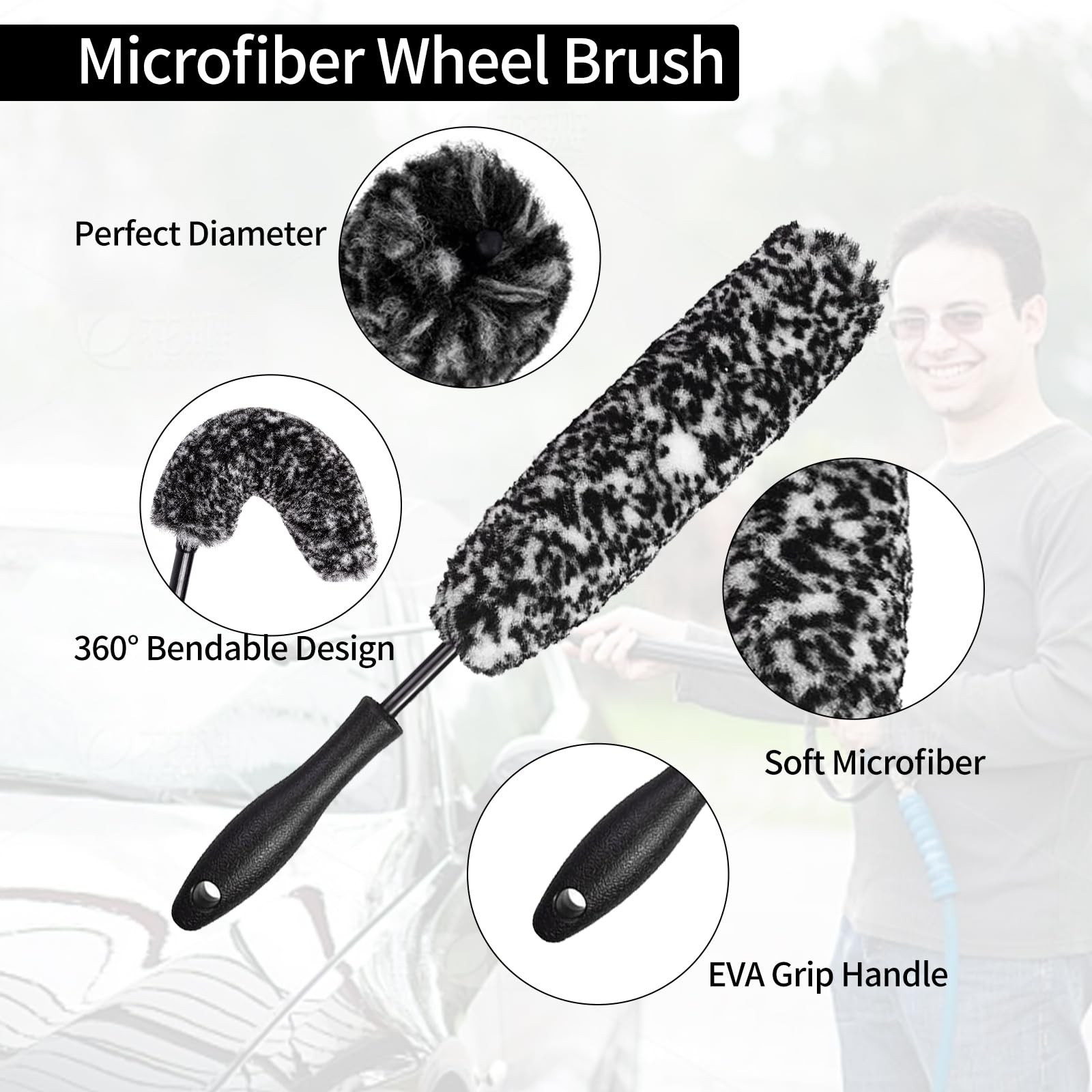 Bendable Wheel Brush Kits Soft Microfiber Cleaner Large, Black