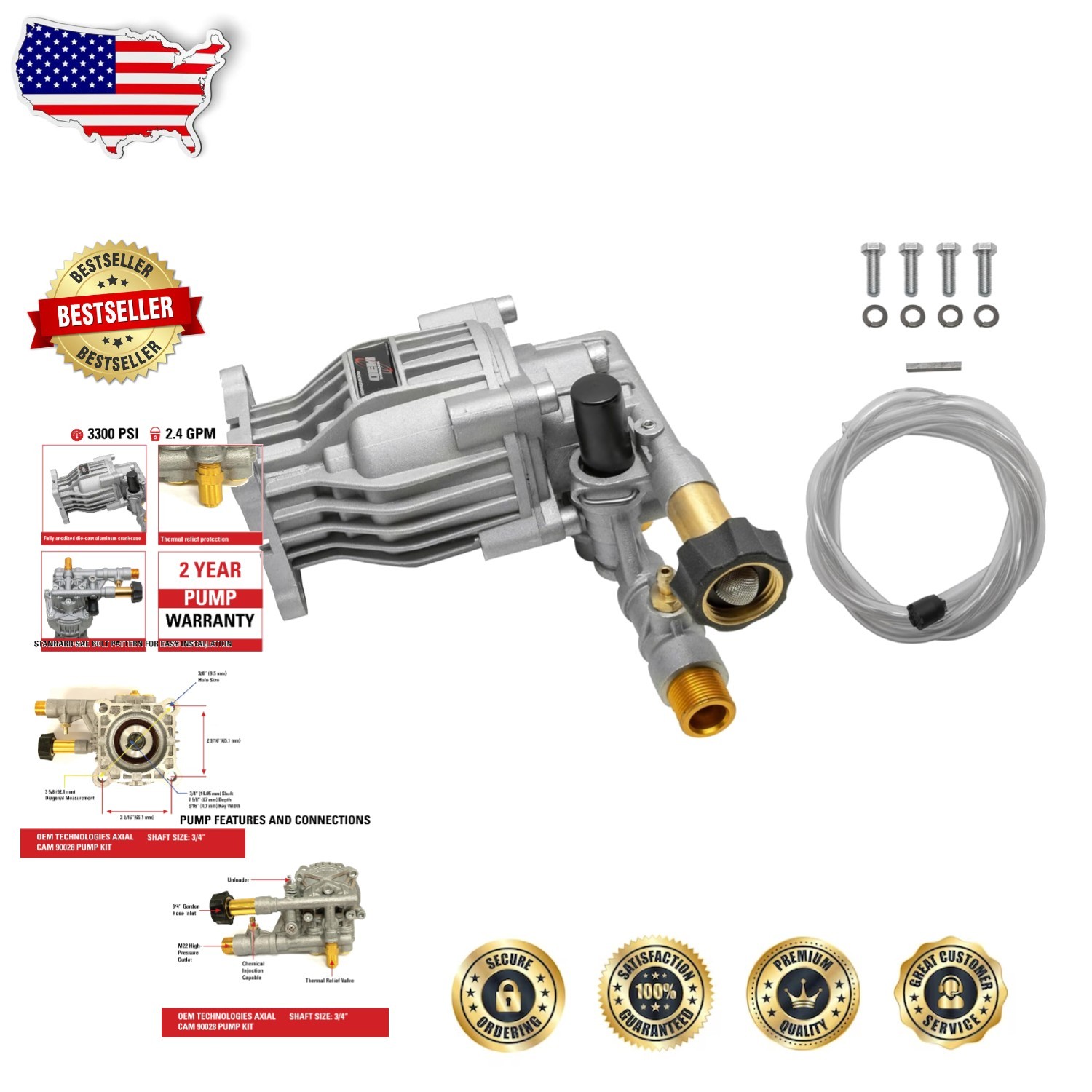 High-Value Pressure Washer Pump Kit – 3300 PSI, 2.4 GPM, Corrosion-Resistant