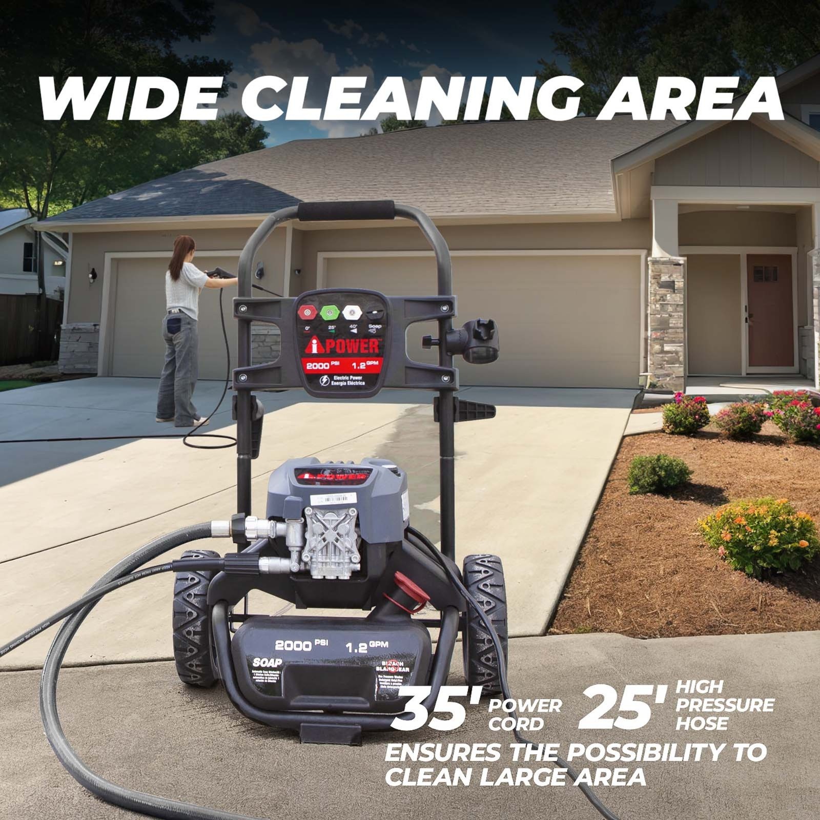A-iPower 2000PSI 1.2GPM Electric Pressure Washer with 5 QC Nozzles Soap Tank