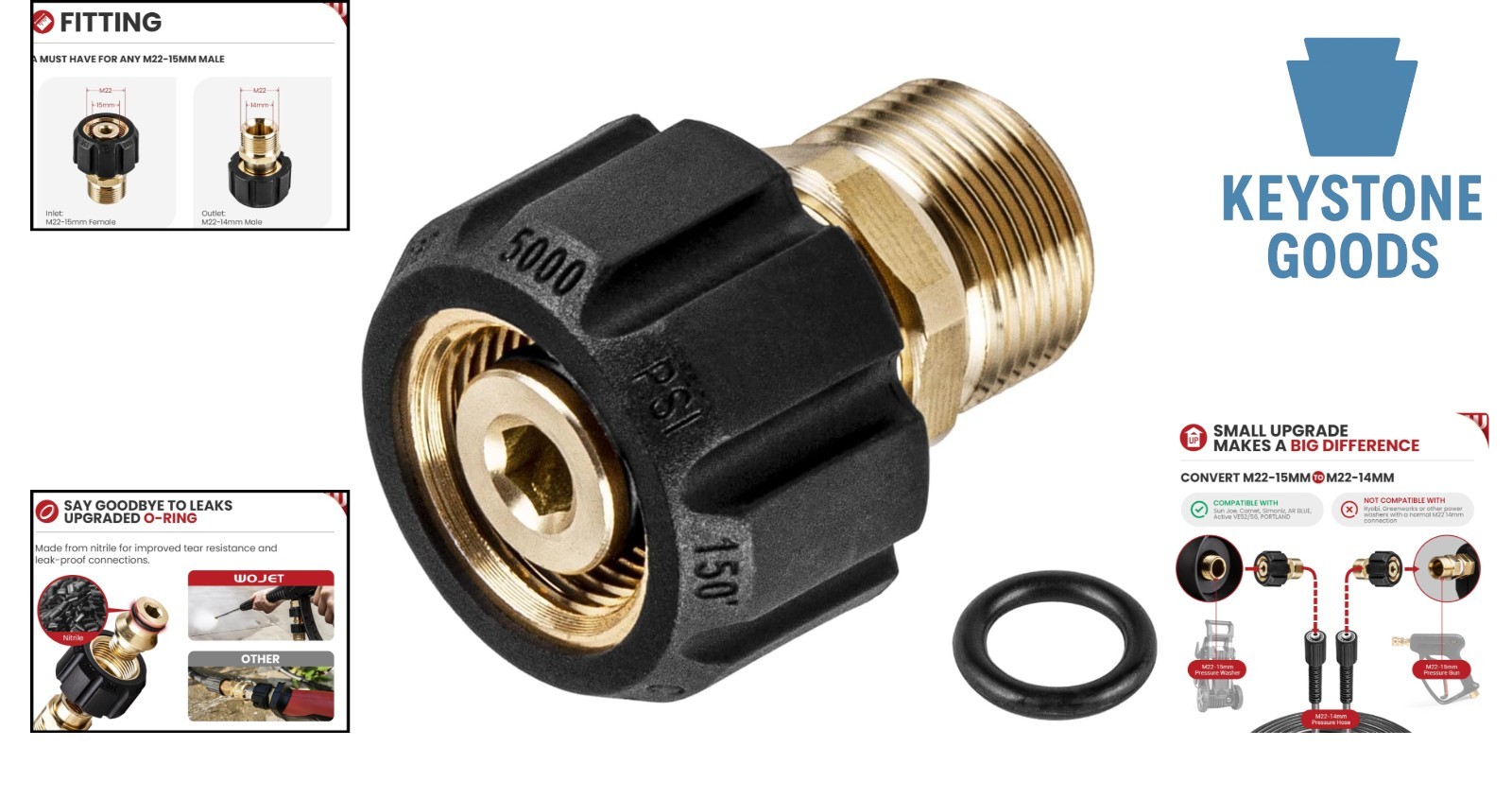 M22 15mm Female to 14mm Male Pressure Washer Adapter 5000 PSI