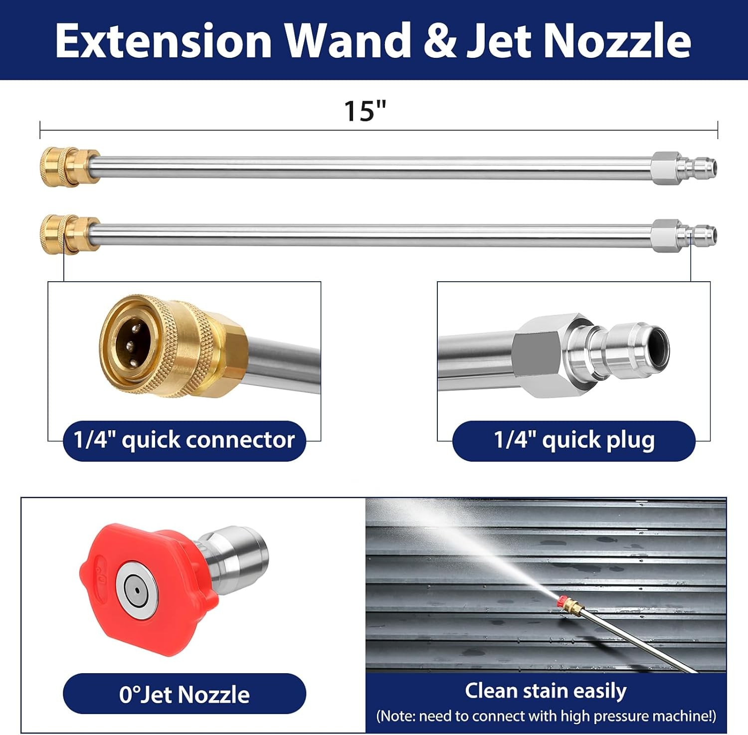 15″ Stainless Steel Pressure Washer Surface Cleaner w/ 2 Ext Wands, 4000PSI Max