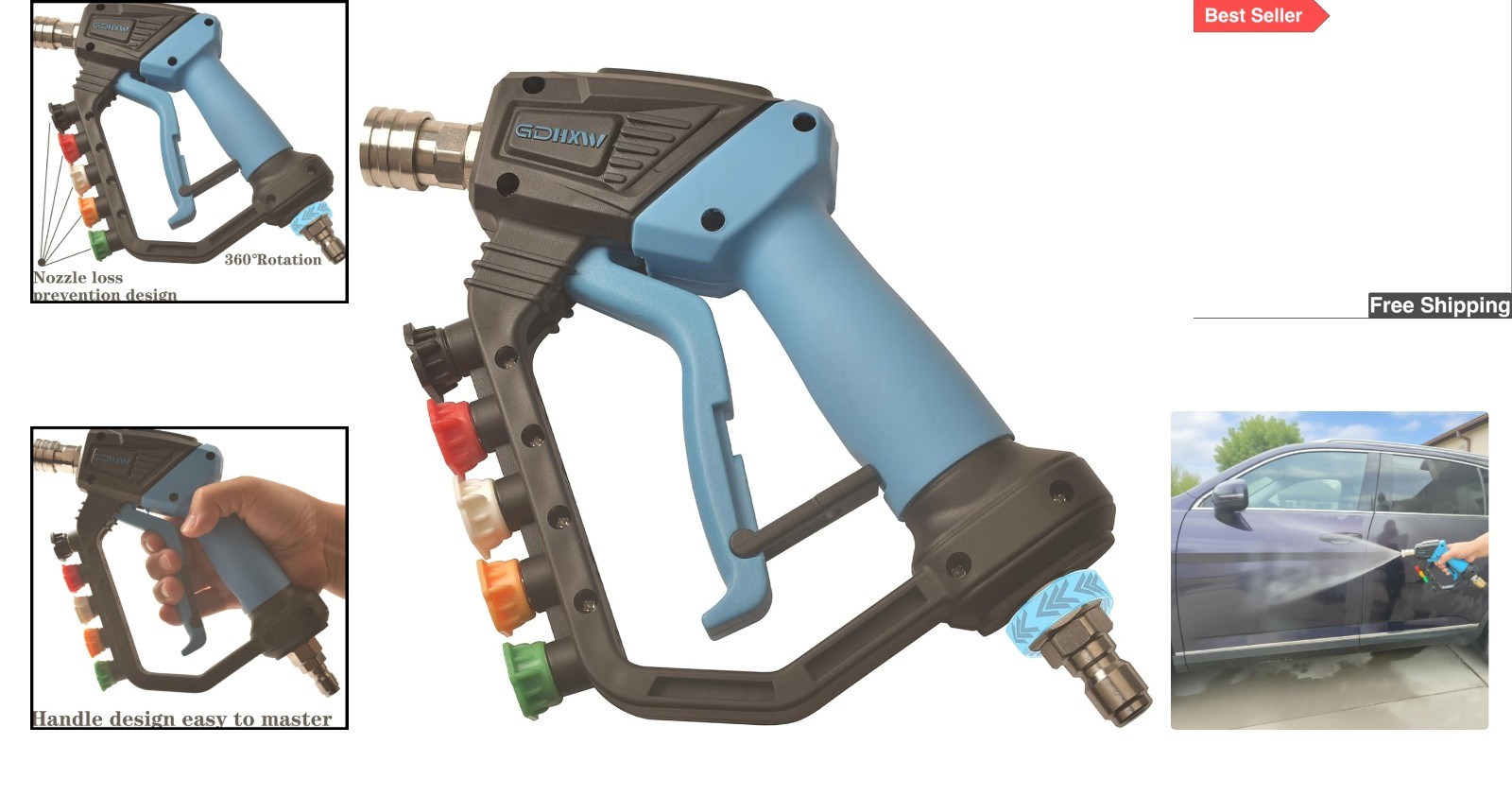 Short Lightweight Pressure Washer Gun – 5000 PSI with 5 Nozzle Loss Prevention