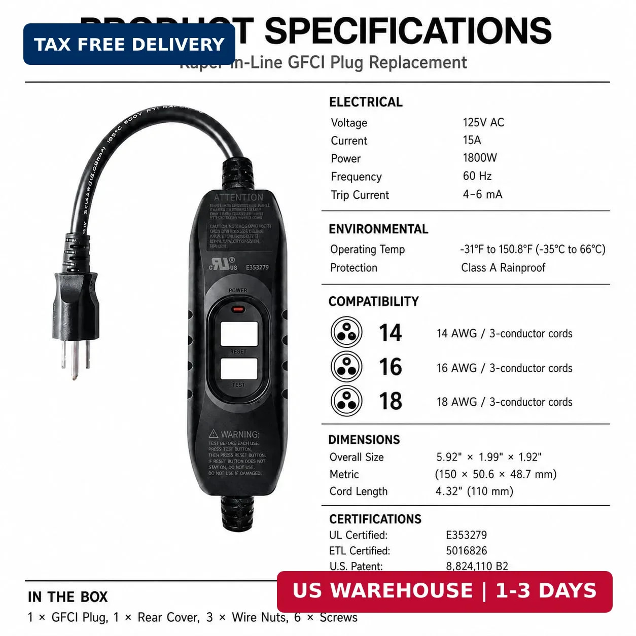 Kaper GFCI Plug Replacement, UL Safety Certified, 15 Amp Auto-Monitor Waterproof