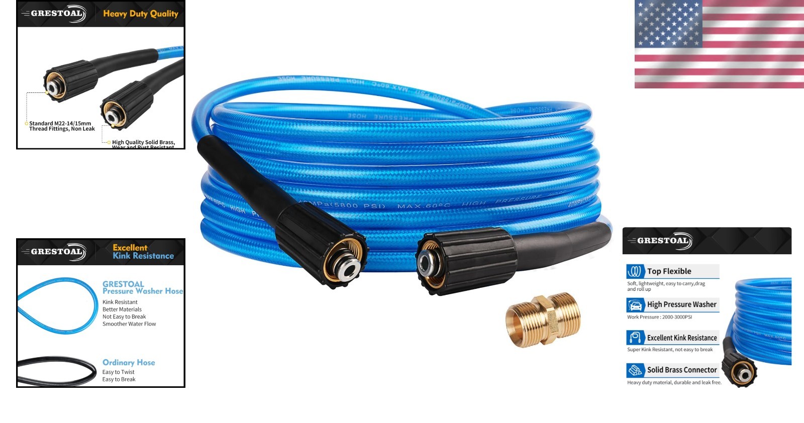 25 FT Kink Resistant Pressure Washer Hose with M22 Fittings, 3000 PSI Power