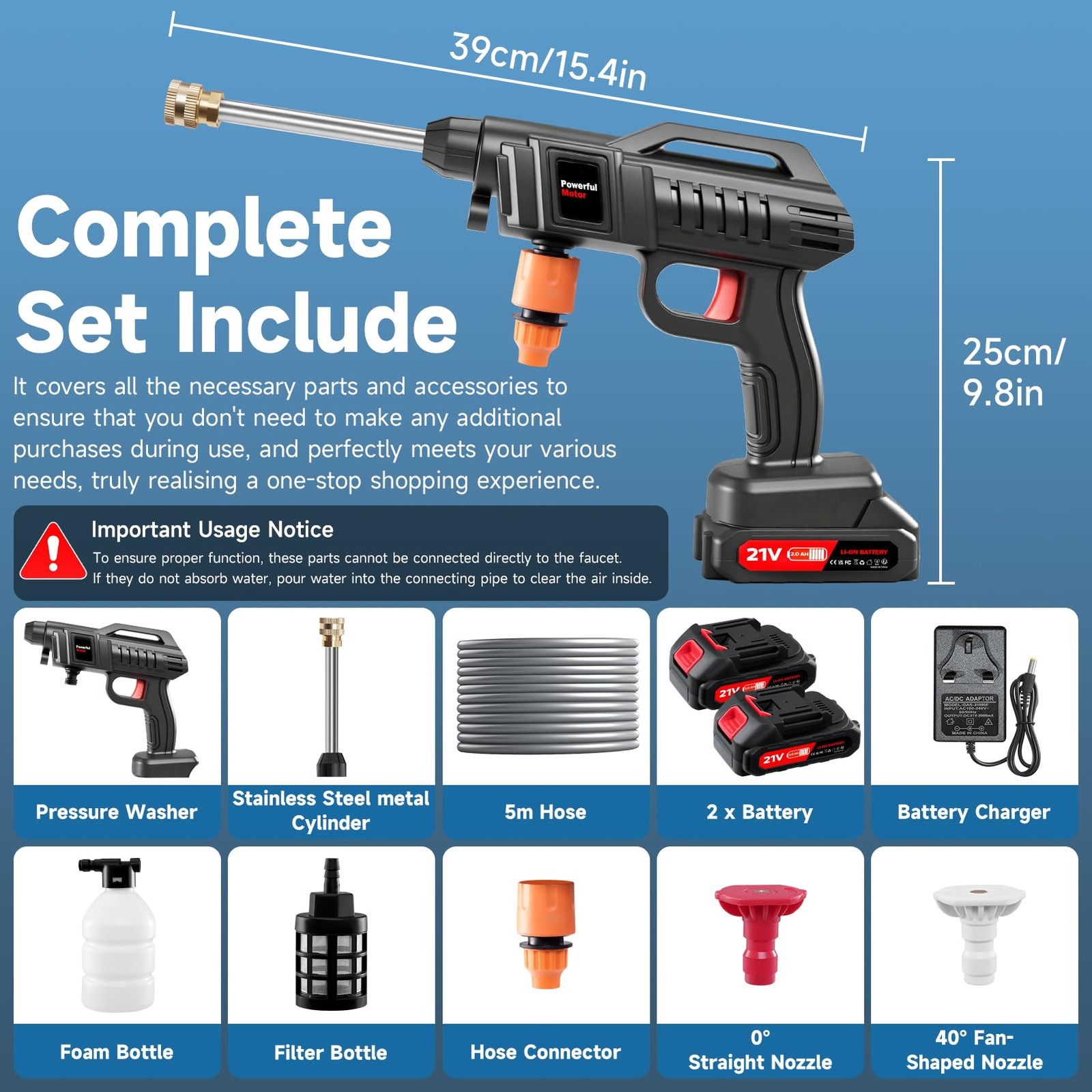 Wzto Portable Battery Power Washer 1500W 60Bar/870 Psi Electric Pressure Washer