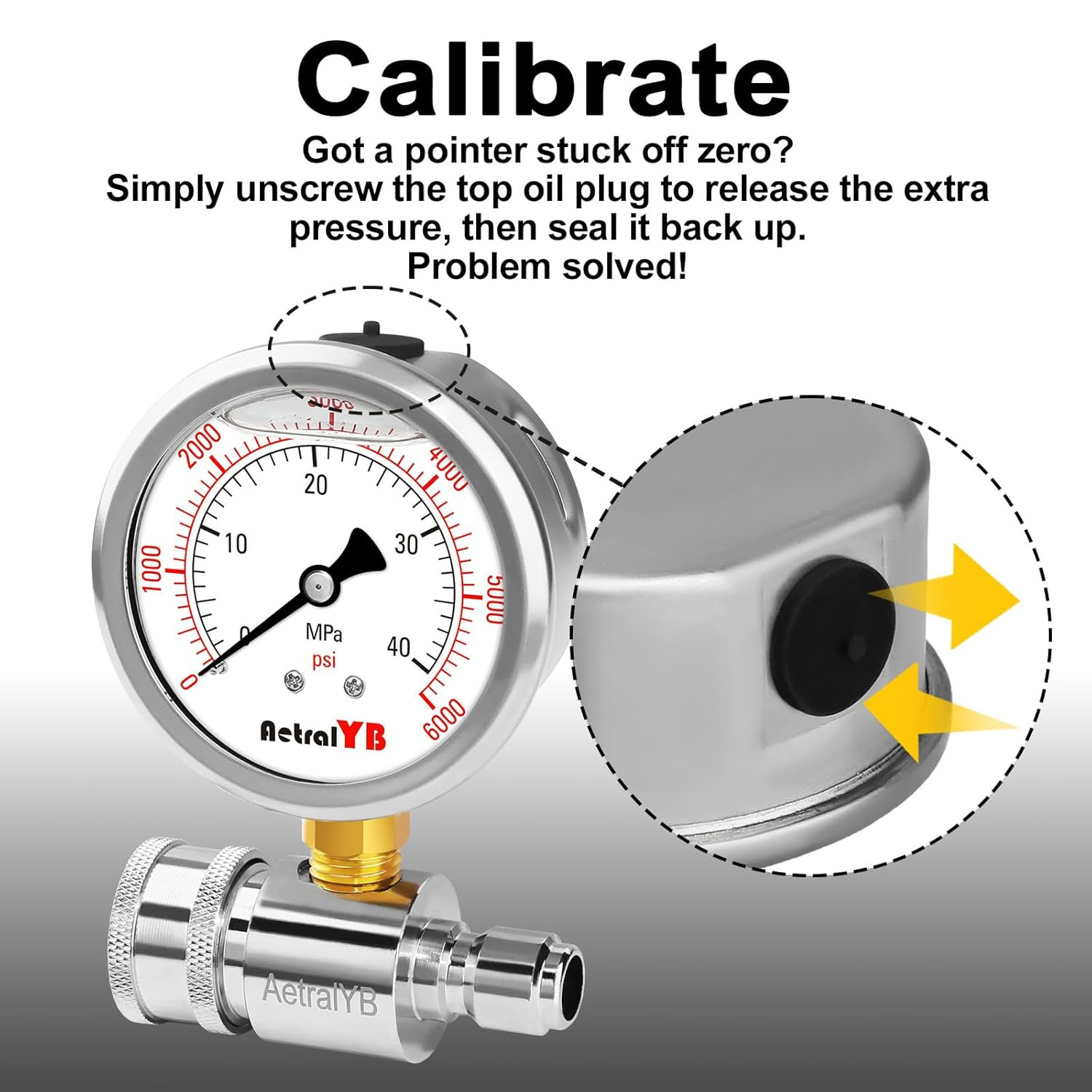 6000PSI Washer Pressure Gauge,3/8″ Push-To-Connection Quick Connection,Stainless