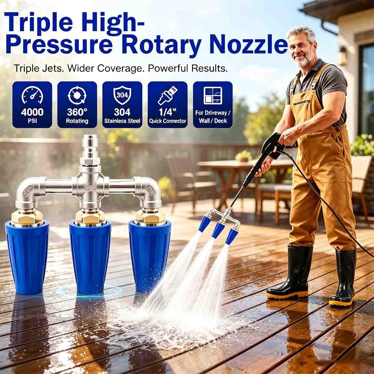 360° Rotating Triple Jet Turbo Nozzle 1/4″ Quick Connect 4000PSI Car Wash Tool