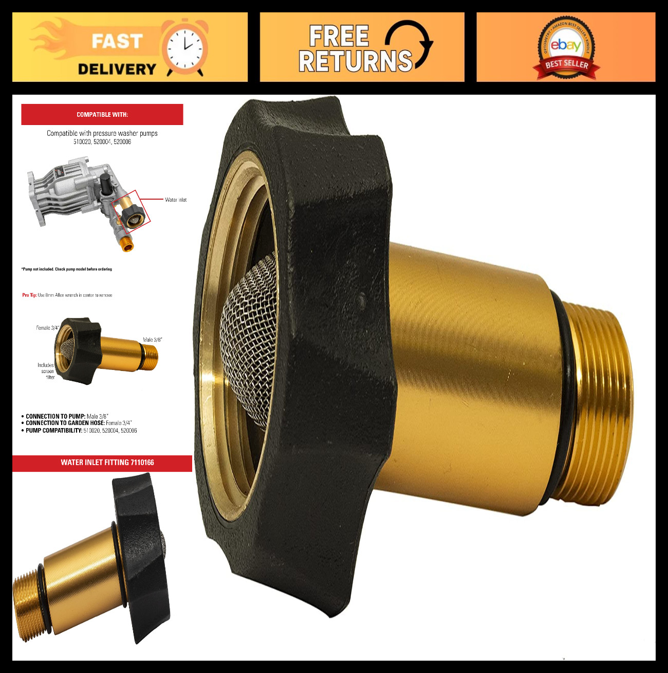 Water Inlet Fitting for Axial Cam Pressure Washer Pumps – OEM Replacement Part