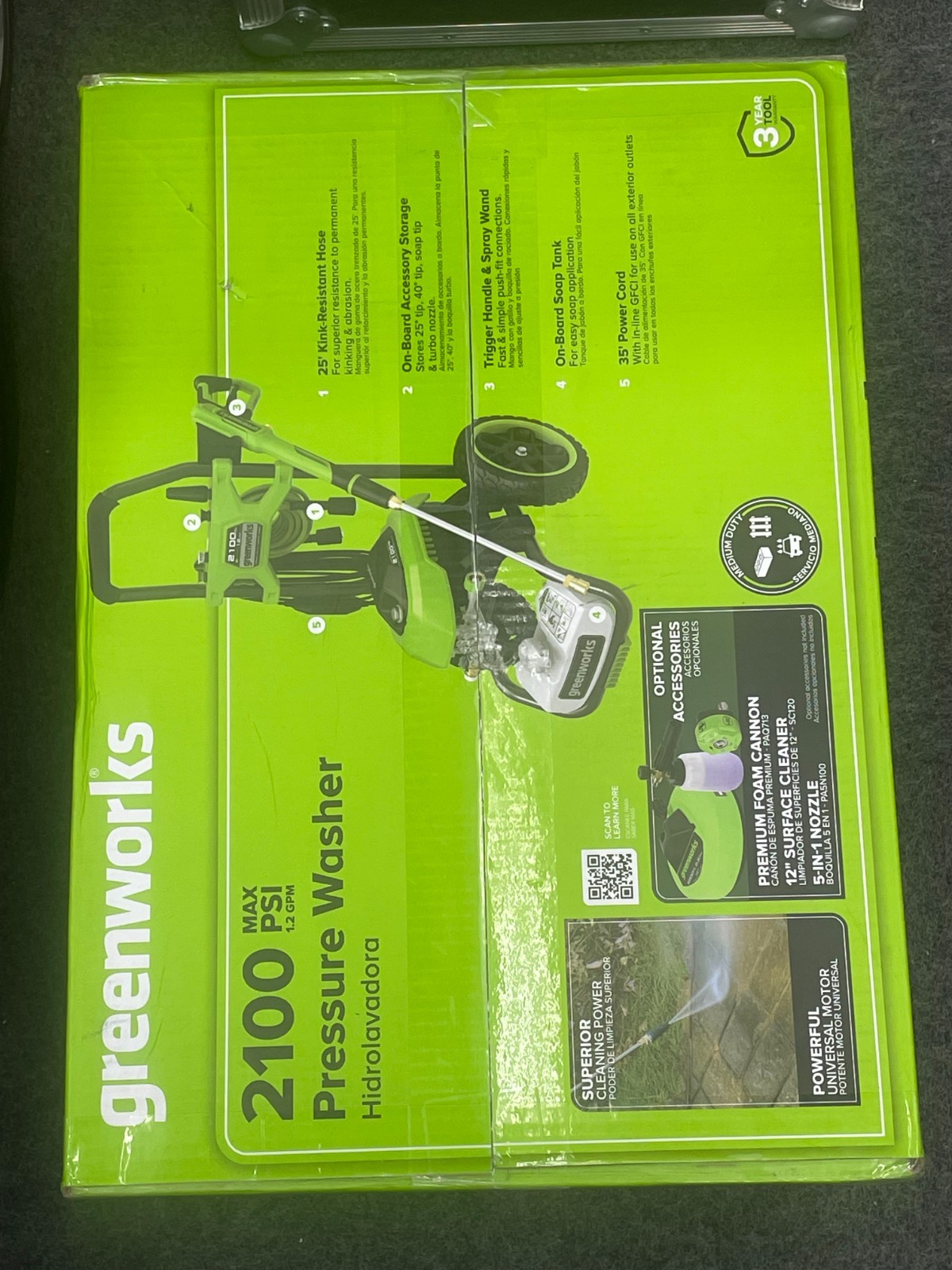 Greenworks 2100 PSI 1.2 GPM Electric Pressure Washer 25Ft Hose 35Ft GPW2100