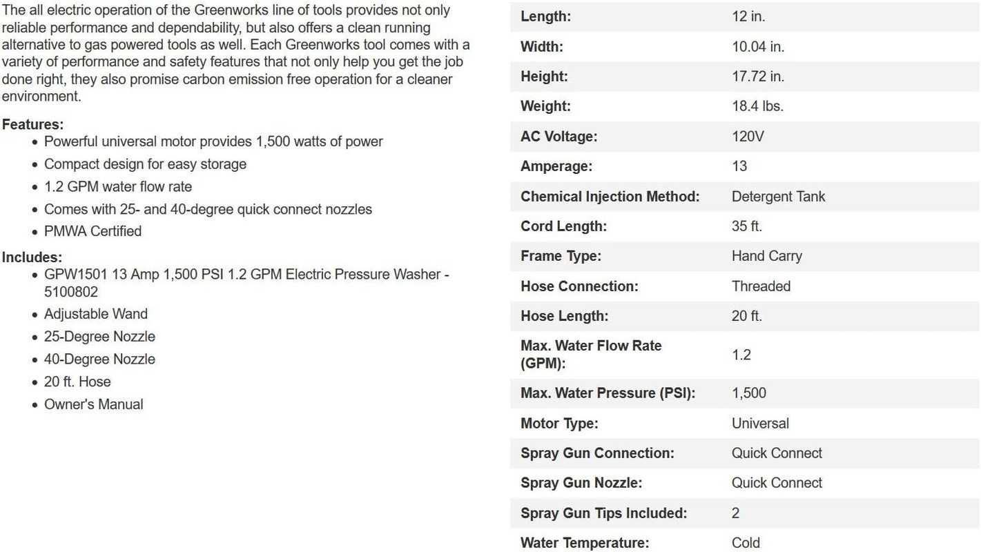 1500 PSI 1.2 GPM Pressure Washer (Upright Hand-Carry) PWMA Certified