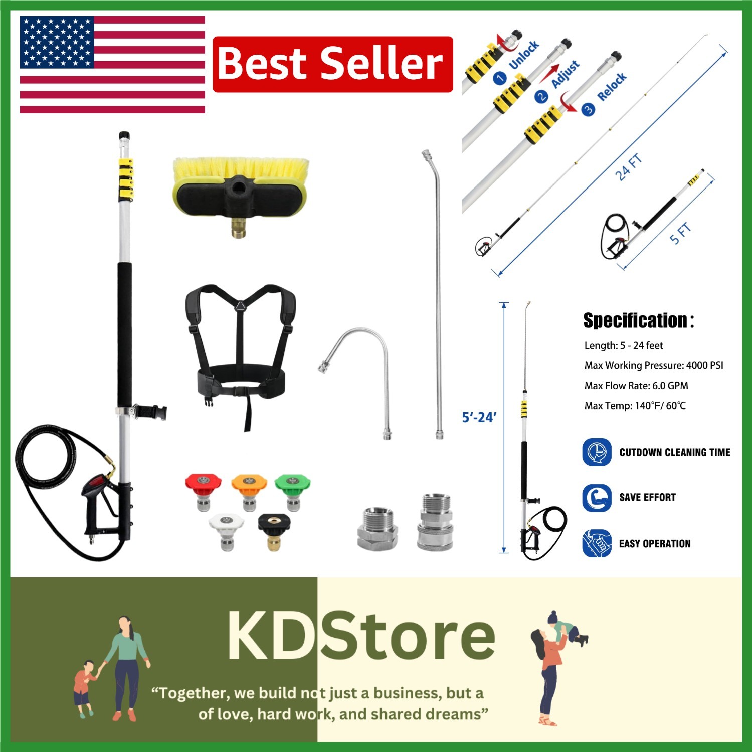 Maximize Cleaning : 24FT Pressure Washer Extension Wand with 5 Spray Tips