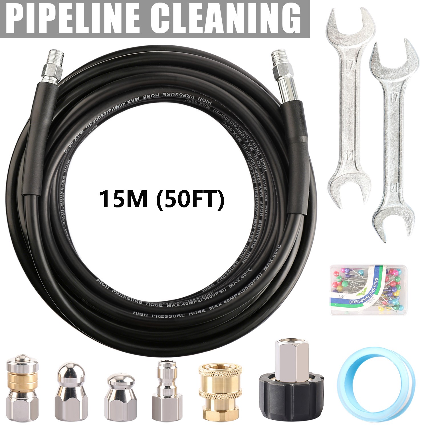5800PSI Sewer Jetter Nozzles Kit 32FT Drain Cleaning Hose for Pressure Washer