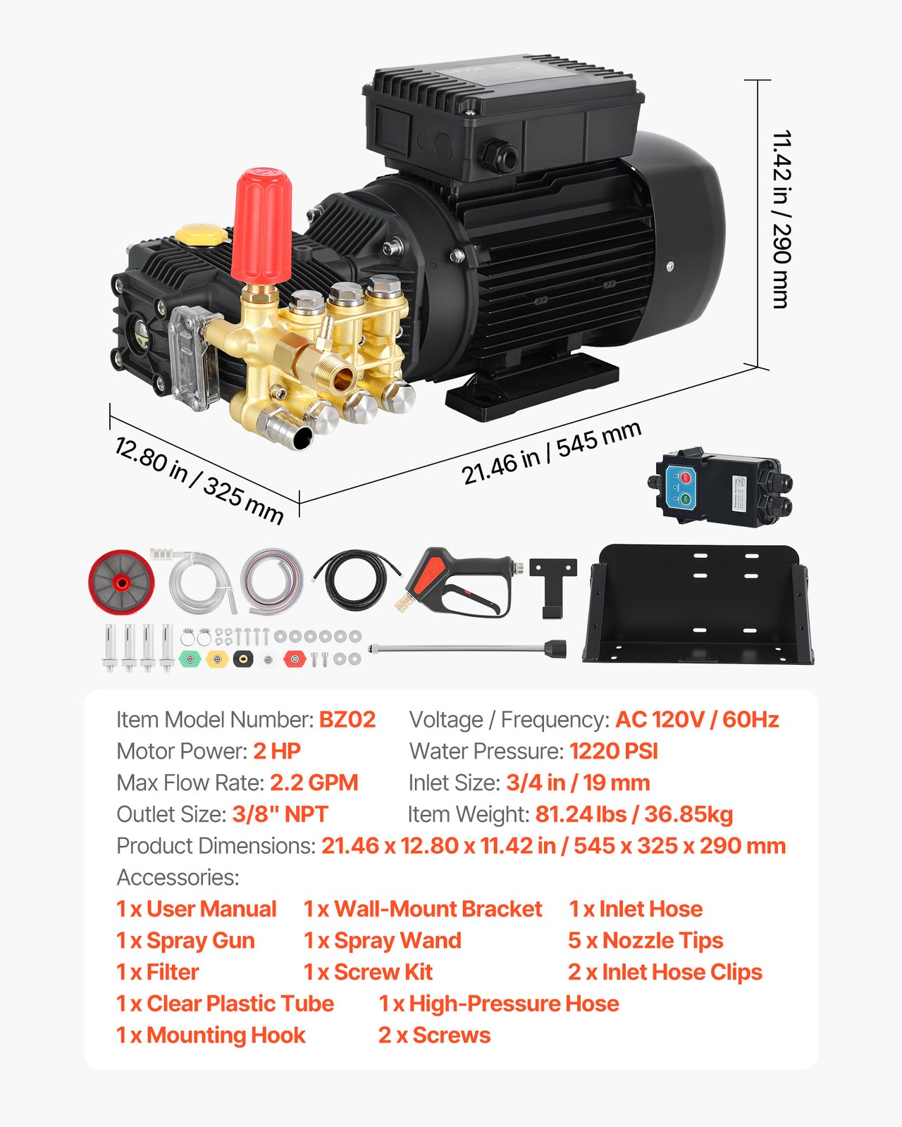 VEVOR Electric Pressure Washer Pump Kit Triplex Pump with 2HP Motor and Bracket