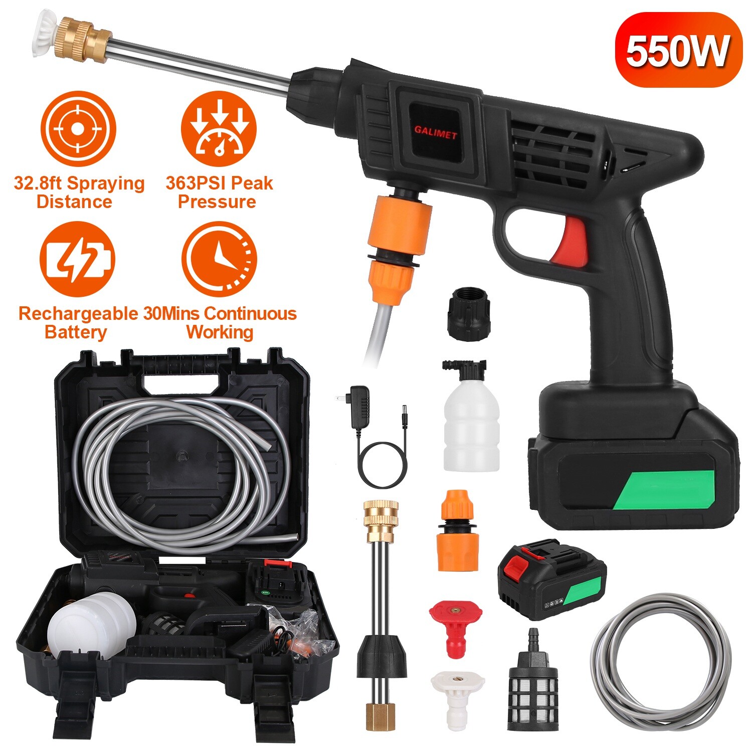 12000mAh Cordless High Pressure Car Washing Gun Pressure Washer Gun w/ 2 Nozzles
