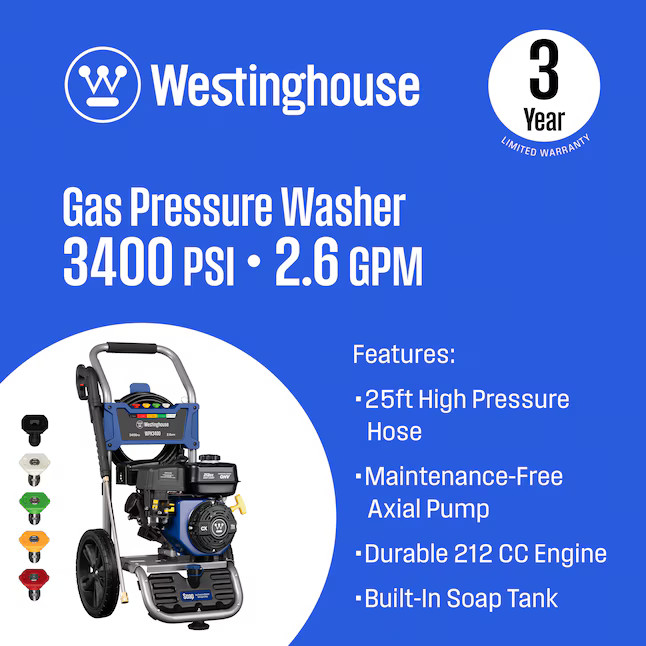 Westinghouse WPX3400 5 Nozzles + Soap Tank Included 3400-PSI 2.6-GPM Cold Water