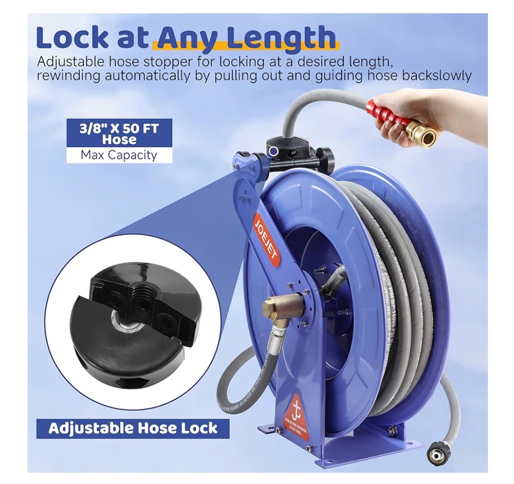 JOEJET Retractable Pressure Washer Hose Reel 3/8″ X 50 FT Power Washer 4000PSI