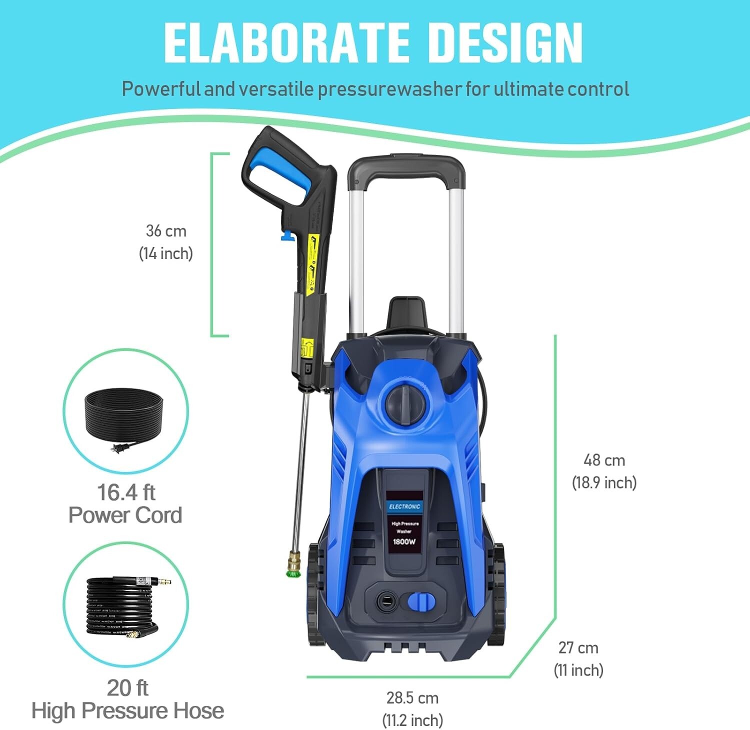 Powerful Electric High Pressure Washer 1500PSI Max 2 GPM Power Washer 1800W