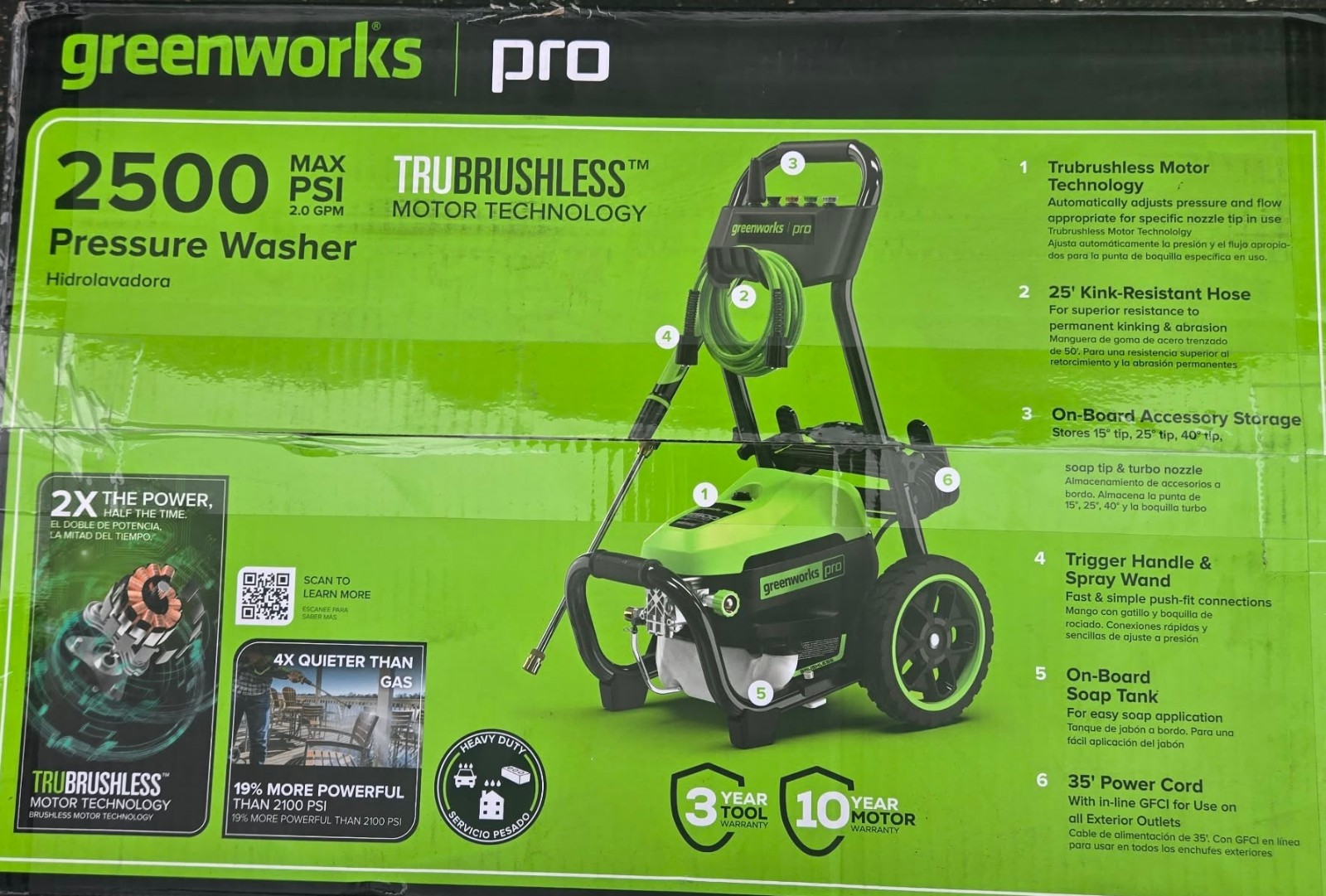Greenworks 2500-PSI 2-GPM Cold Water Electric Pressure washer with 5 Spray Tips