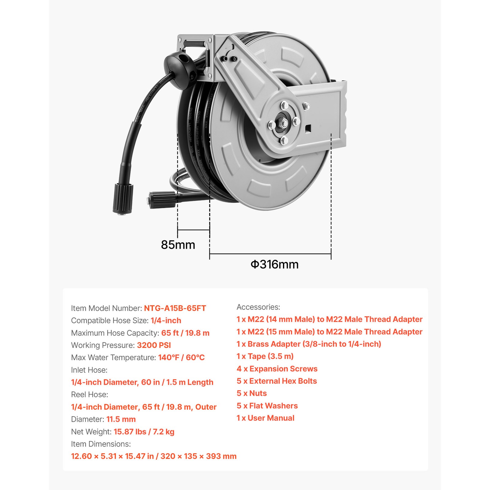 Uimoso Retractable 65ft Pressure Washer Hose Reel, 1/4in, 3200PSI Auto-Rewind