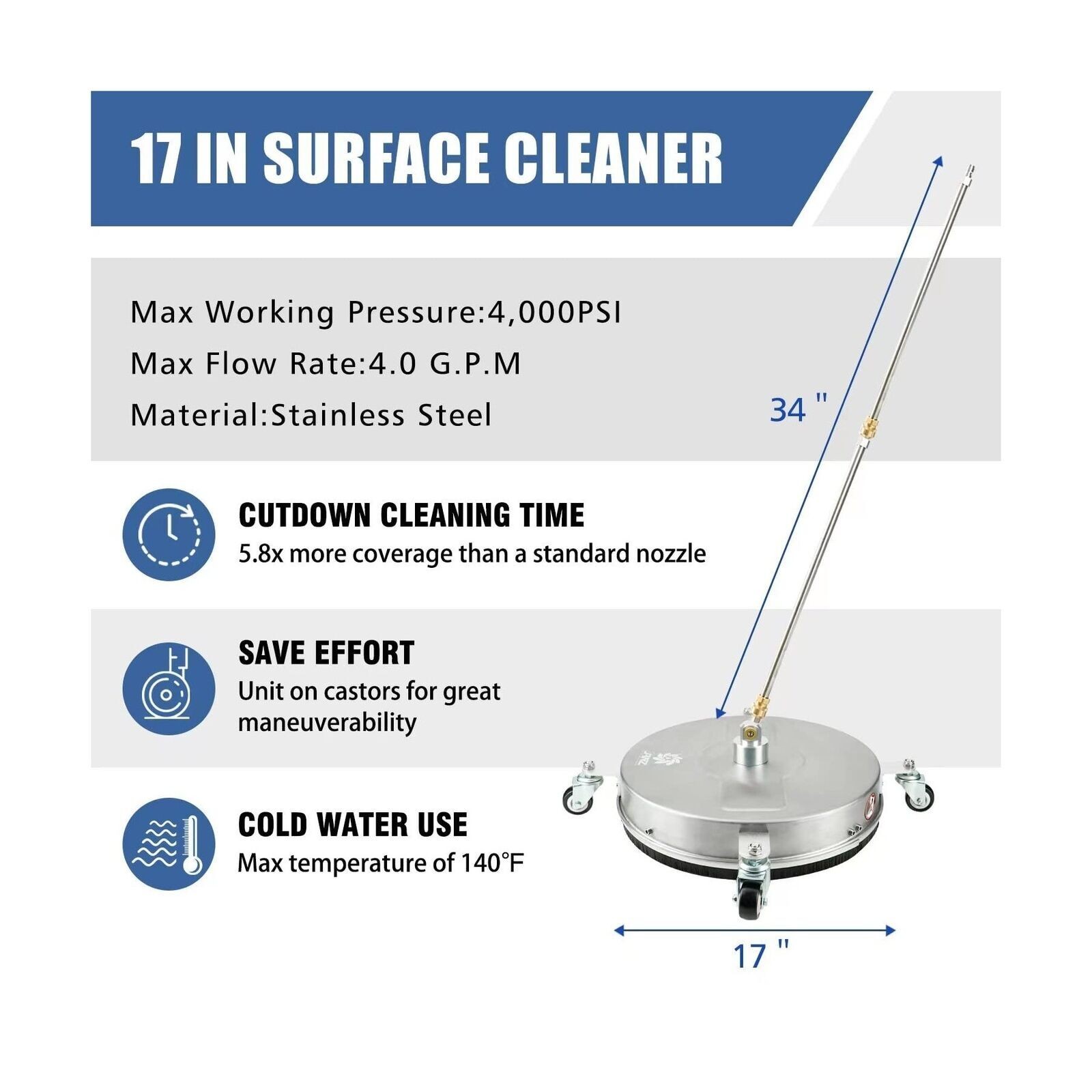 17″ Pressure Washer Surface Cleaner with 4 Wheels, 1/4″ Quick Plug