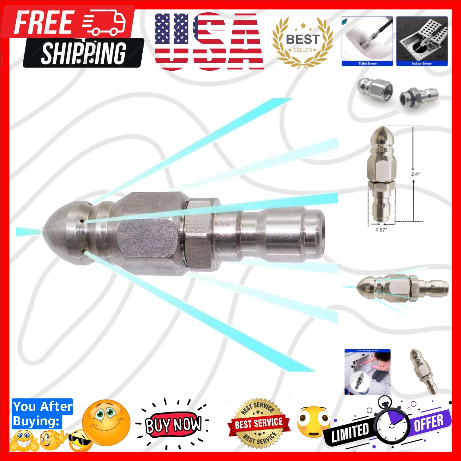 Pressure Washer Sewer Jetter Nozzle with Stainless Steel, Mini Compact Durabl…