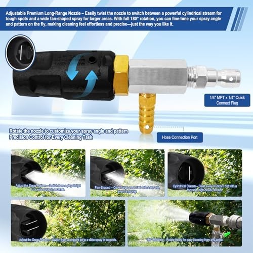 Adjustable Long Range Pressure Washer Nozzle Kit, 2-2.5 GPM, 15FT Hose, Chemical