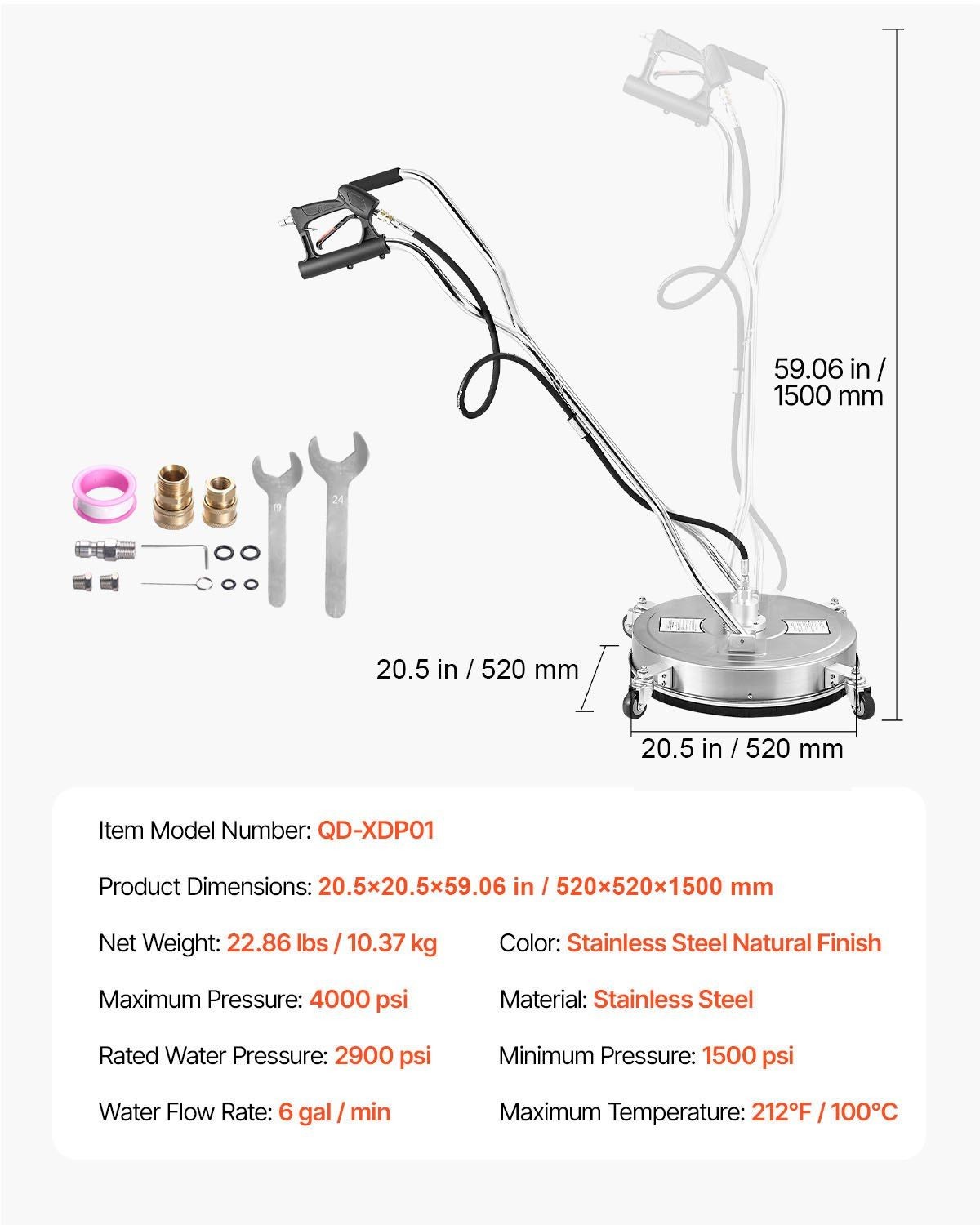 20″ Surface Cleaner: Stainless, 4500 PSI Max, Dual Handle, 4 Wheels, 3/8″ QC