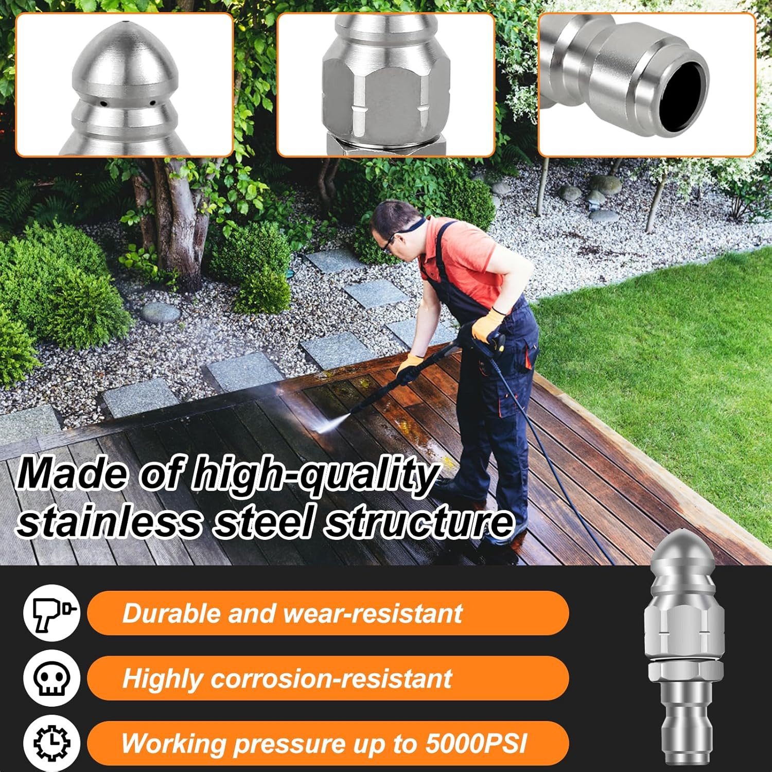 6Pcs Sewer Jetter Nozzle for Pressure Washer, 5000PSI Max Stainless Steel Sewer