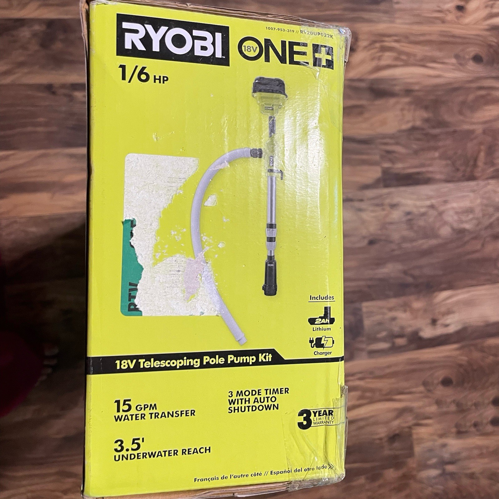 Ryobi ONE+ 18V Cordless 1/6 HP Telescoping Pole Pump 2.0 Ah Battery and Charger