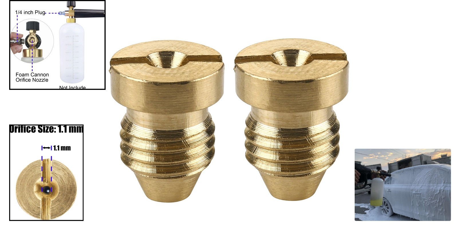 2-Pack Brass Orifice Nozzle Set for Foam Cannon, 1.1 mm, Universal Thread Tips