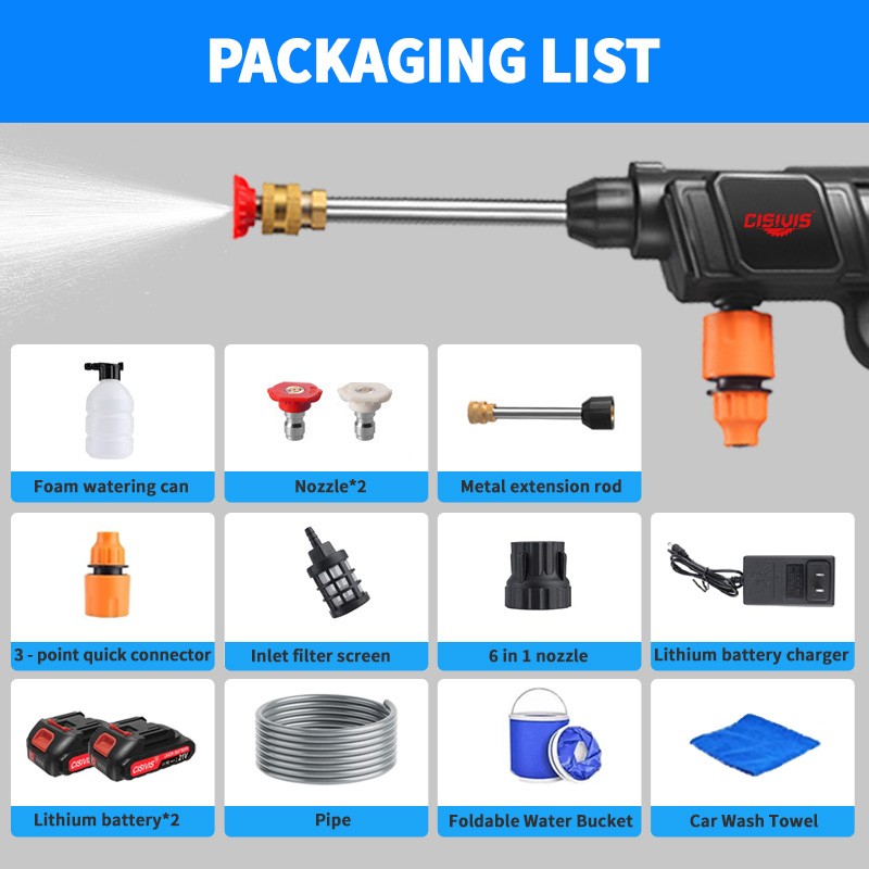 Cordless High Pressure Car Washing Gun Pressure Washer Gun with 2 Nozzle