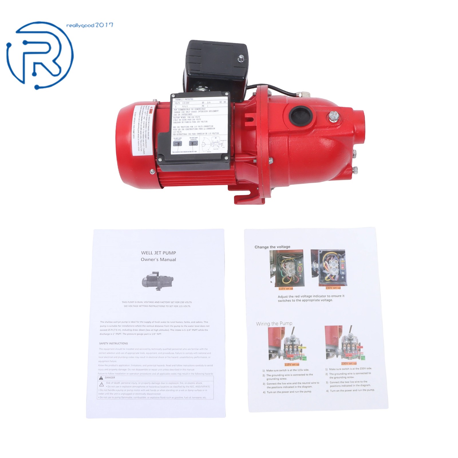 Shallow Well Jet Pump 3/4 HP, 13 GPM Dual Voltage (115/230 Volts), Red 97080701