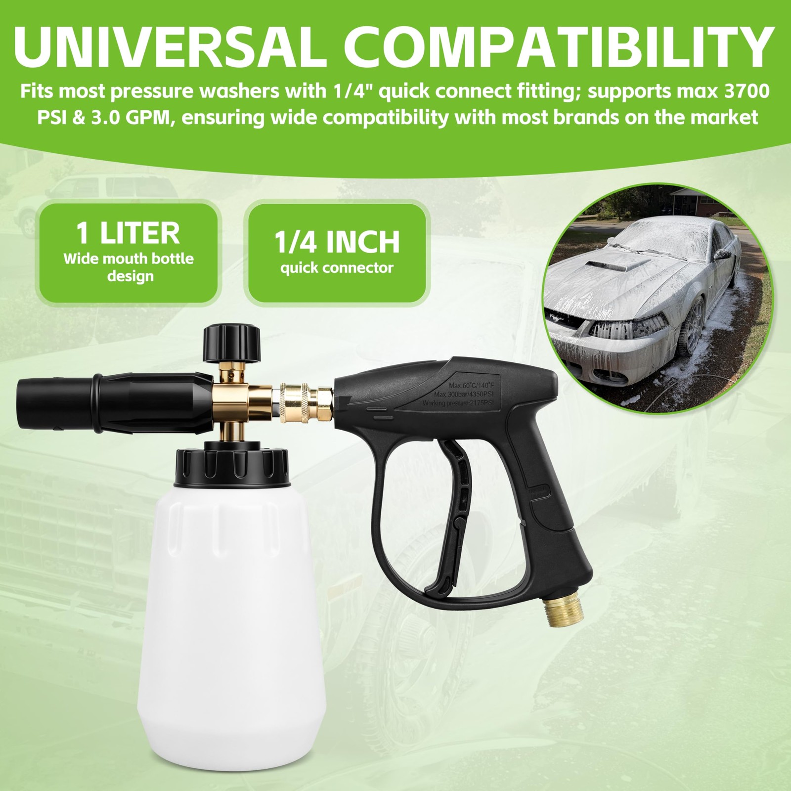 Foam Cannon for Greenworks Pressure Washer – 3700 PSI, 1L Large Bottle, 1/4″ …