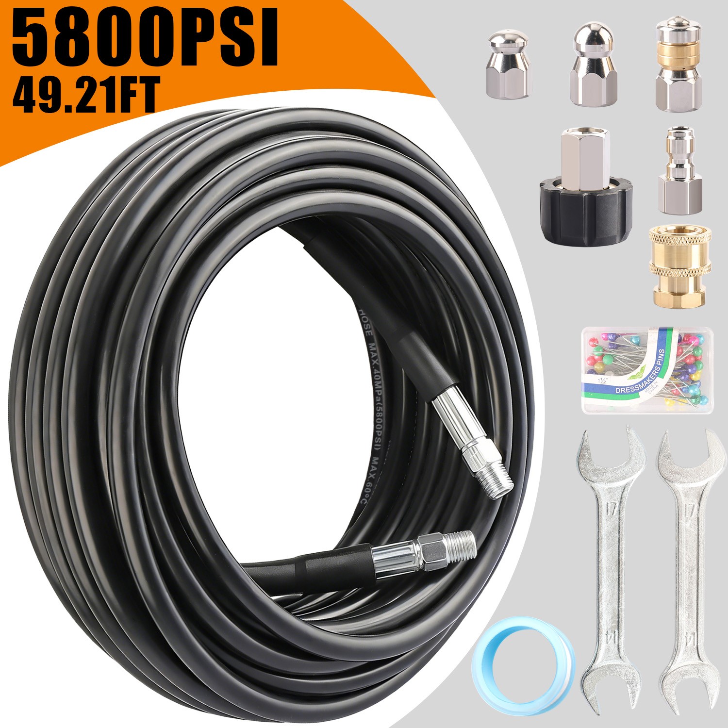 50FT 1/4″ M-NPT 5800PSI Drain Cleaner Hose Sewer Jetter Kit for Pressure Washer